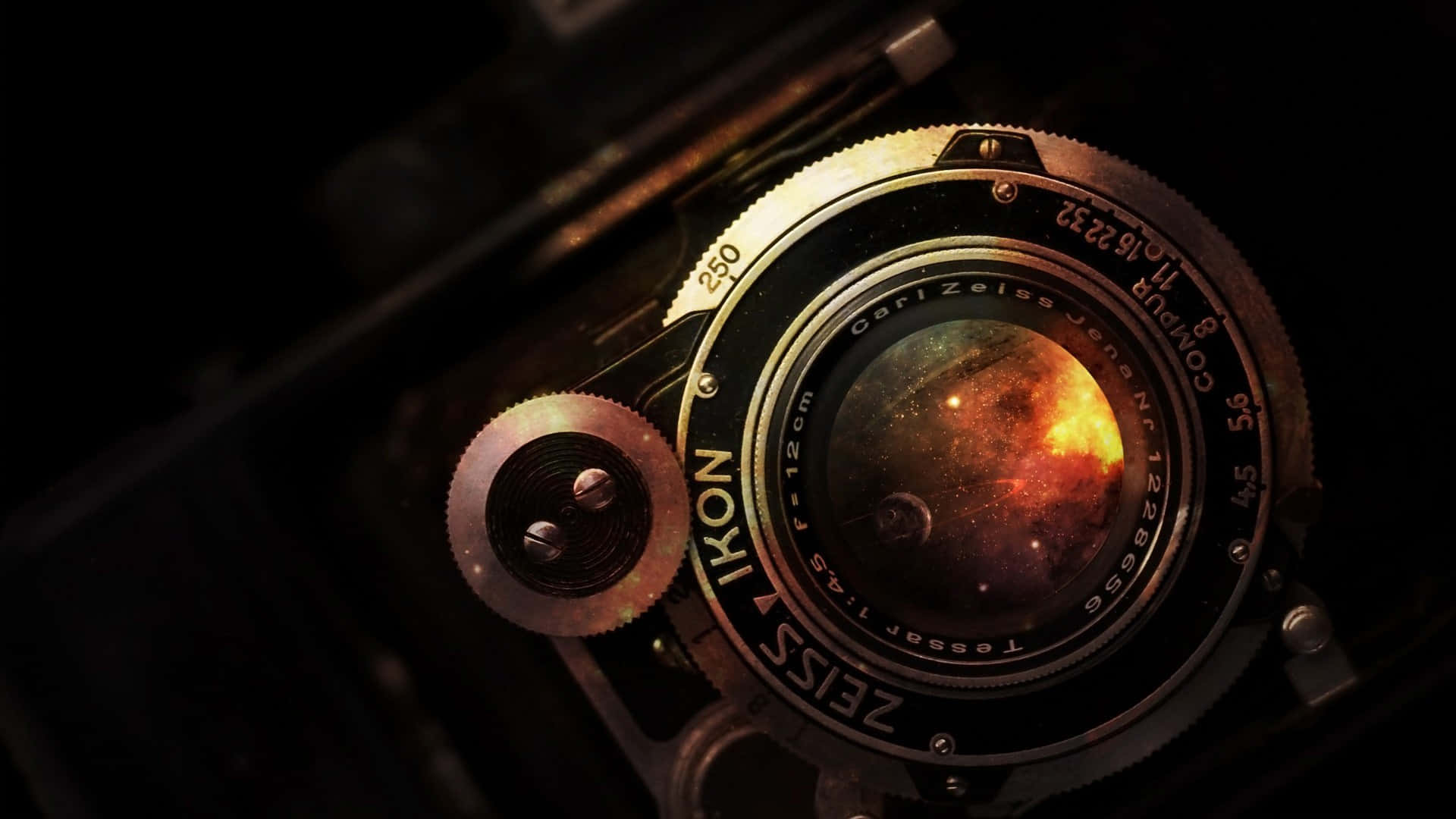 vintage camera, distressed wooden table, fiery cosmic nebula, Full HD Desktop Wallpaper