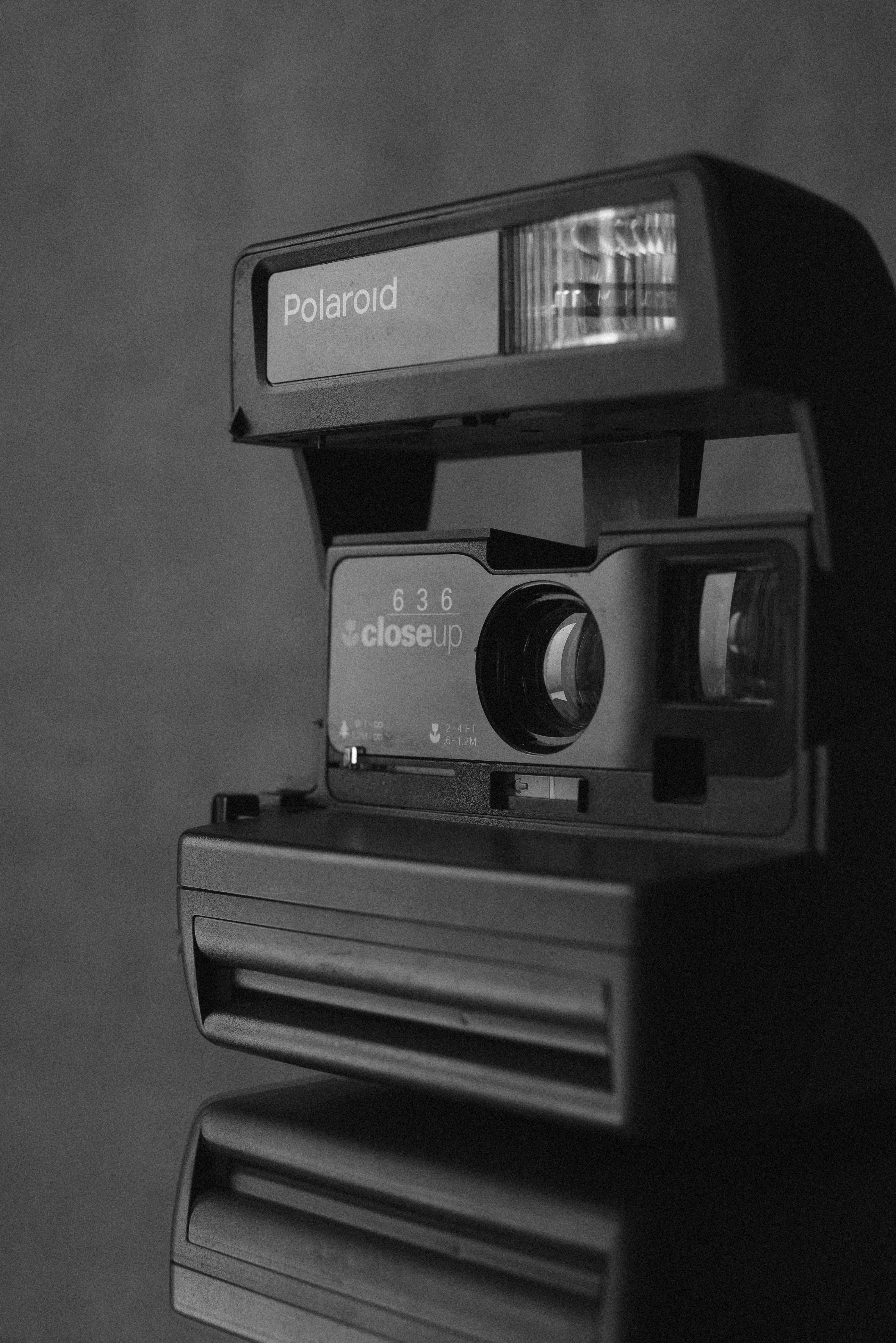 Polaroid 636, black and white, flash lit, 5K Phone Wallpaper