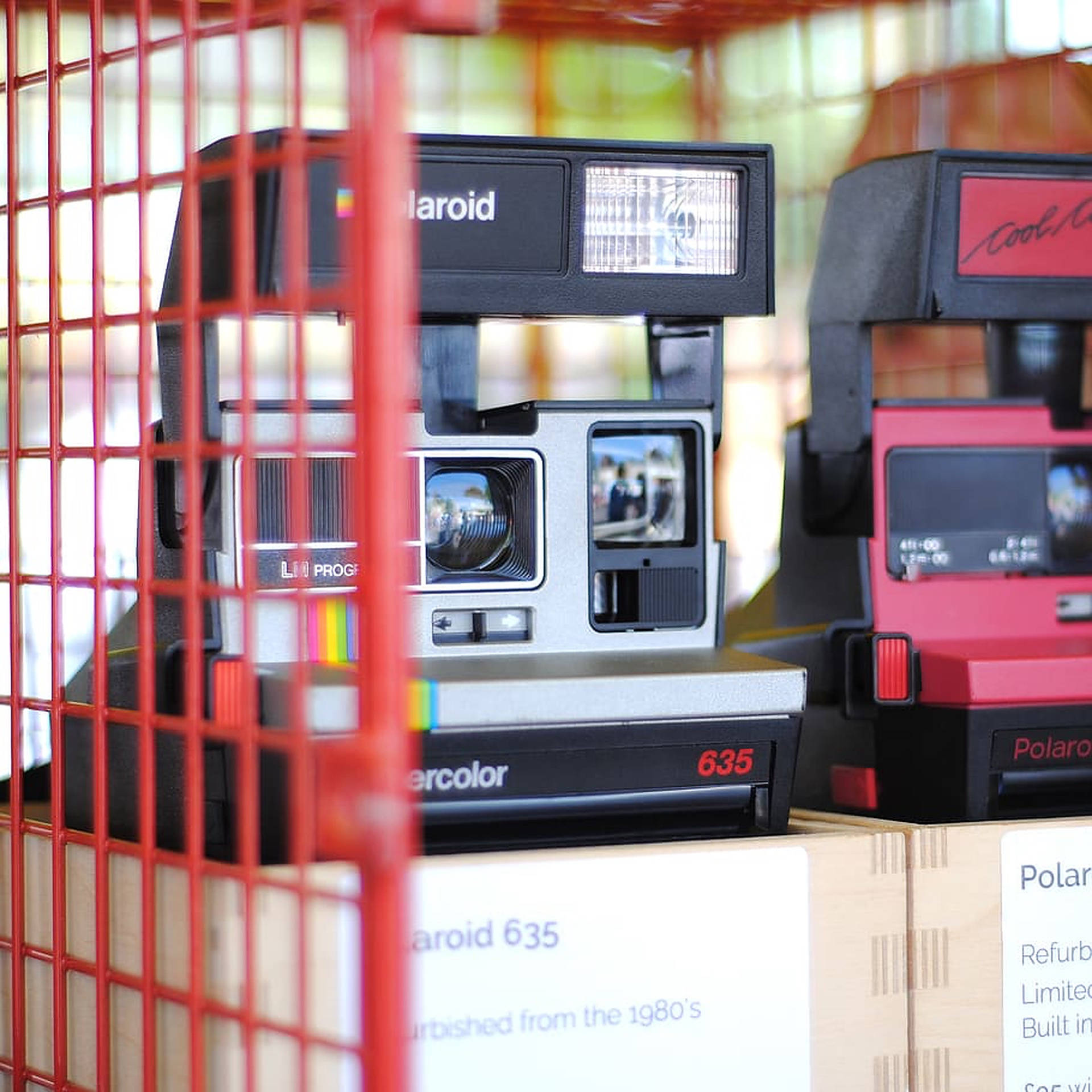 Polaroid 635, red grid, store, Full HD Desktop Wallpaper