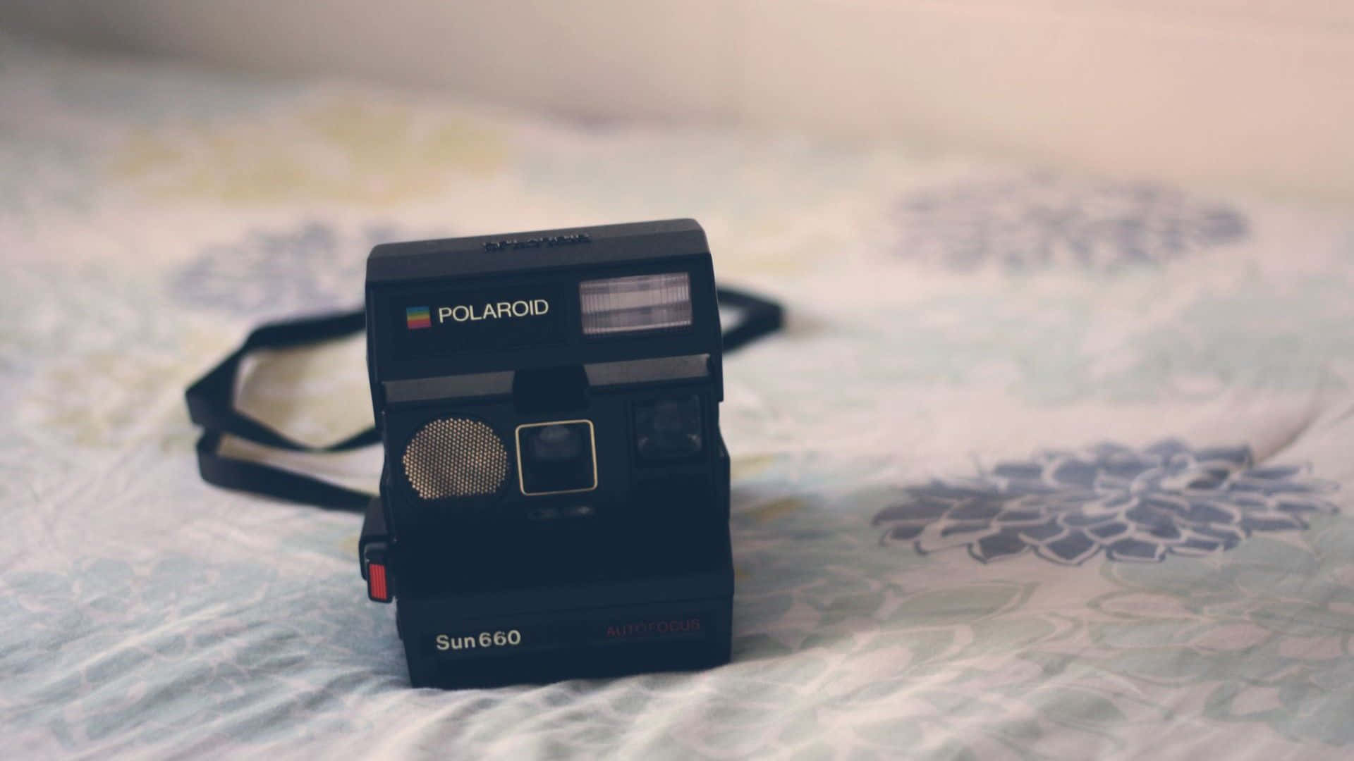 Polaroid Sun 660, vintage black Polaroid, floral patterned bedspread, Full HD Desktop Wallpaper