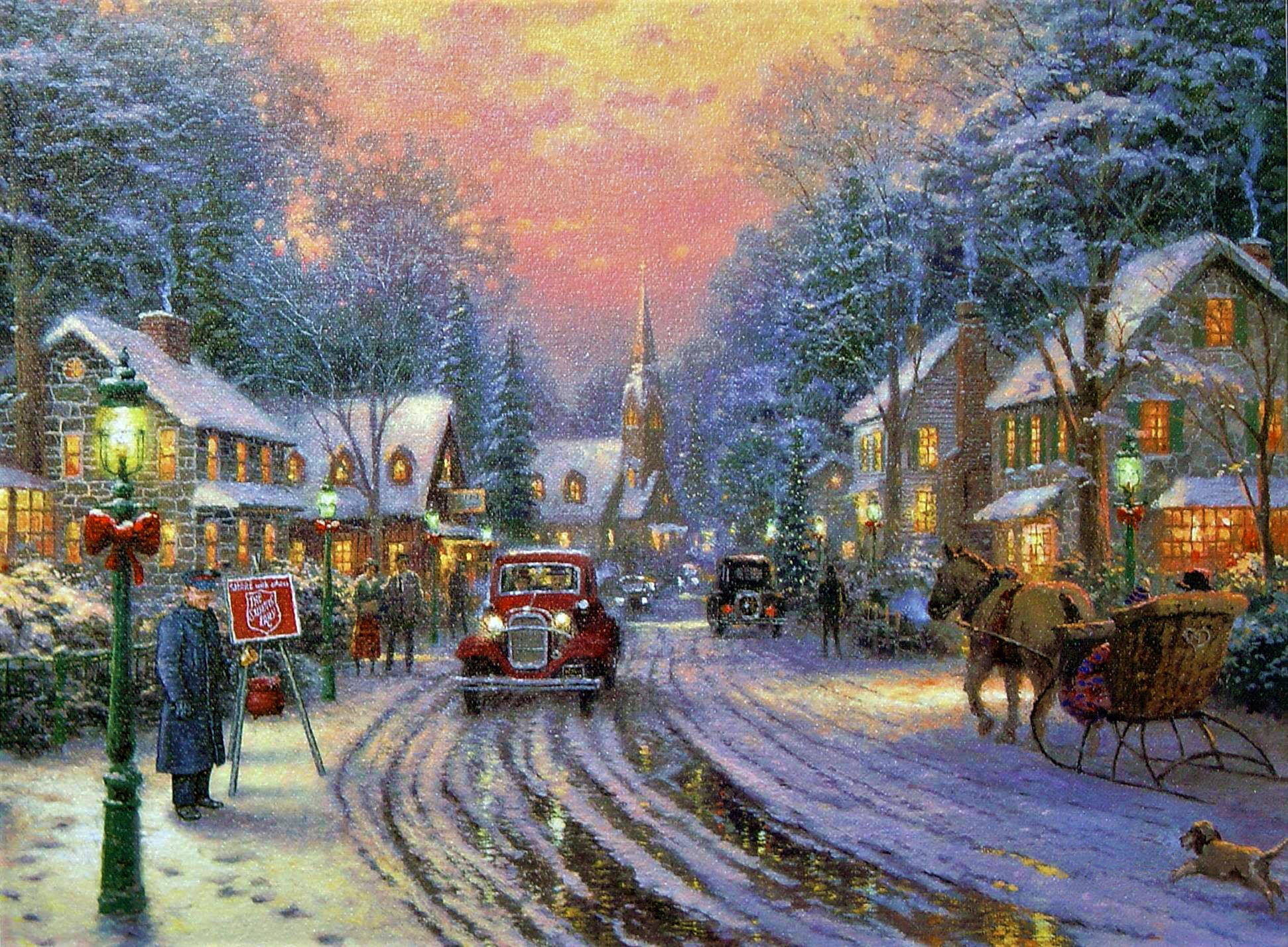 Victorian Christmas Postcard, snowy village street, dusk, Full HD Desktop Wallpaper