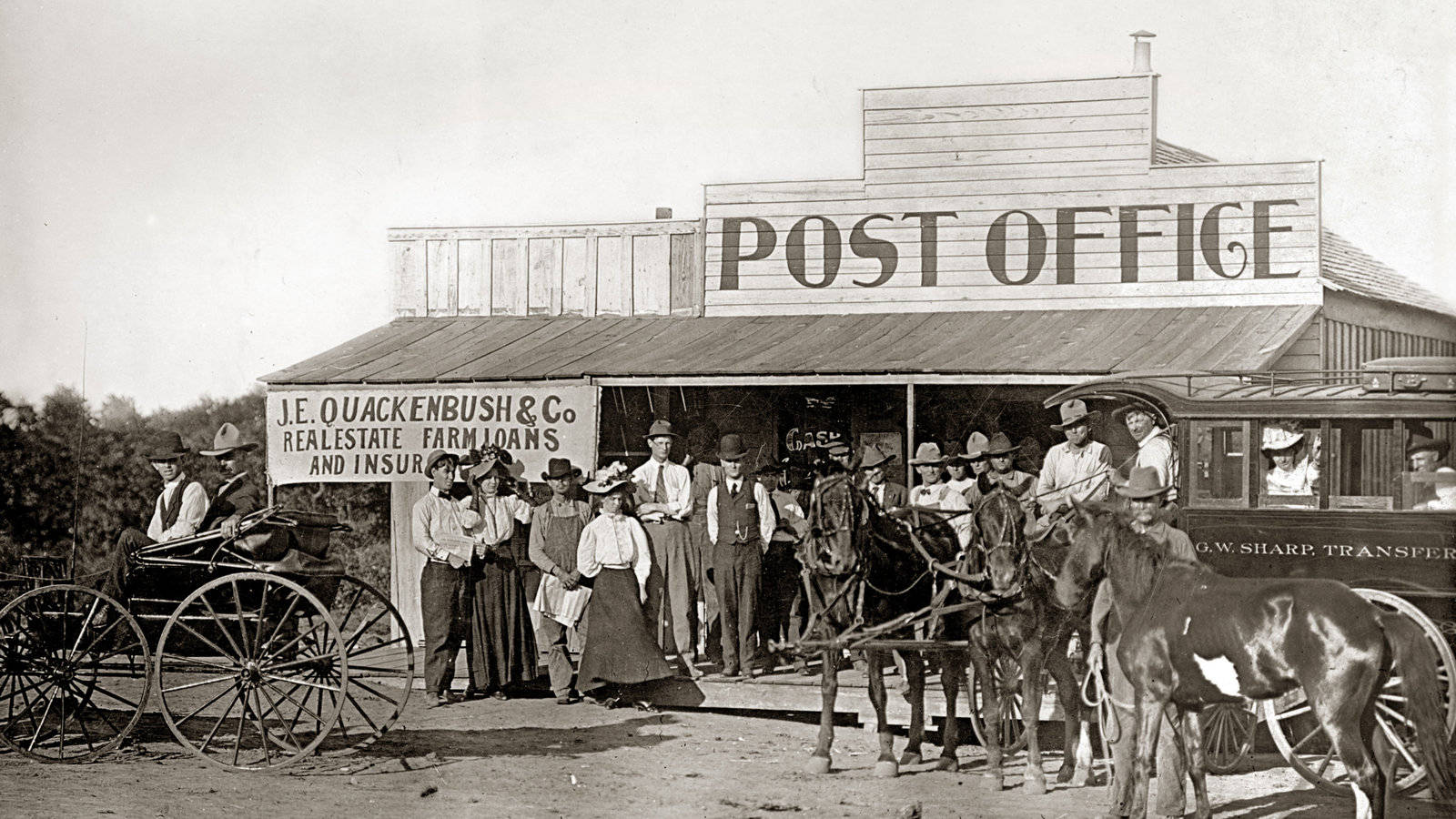 sepia photo, wooden post office, horse-drawn carriages, HD Desktop Wallpaper