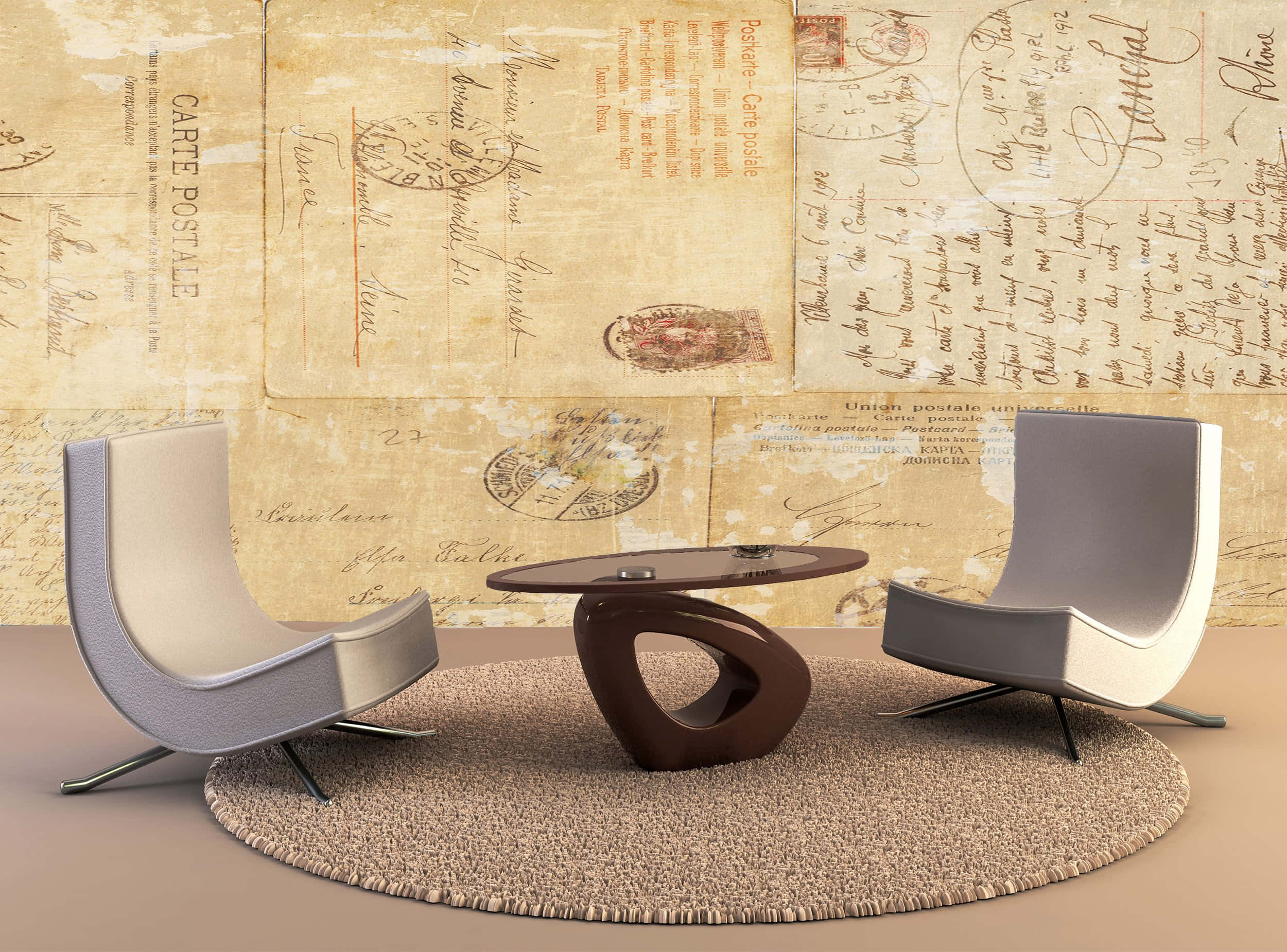 vintage postcard wallpaper, modern chairs, sculptural coffee table, Full HD Desktop Wallpaper