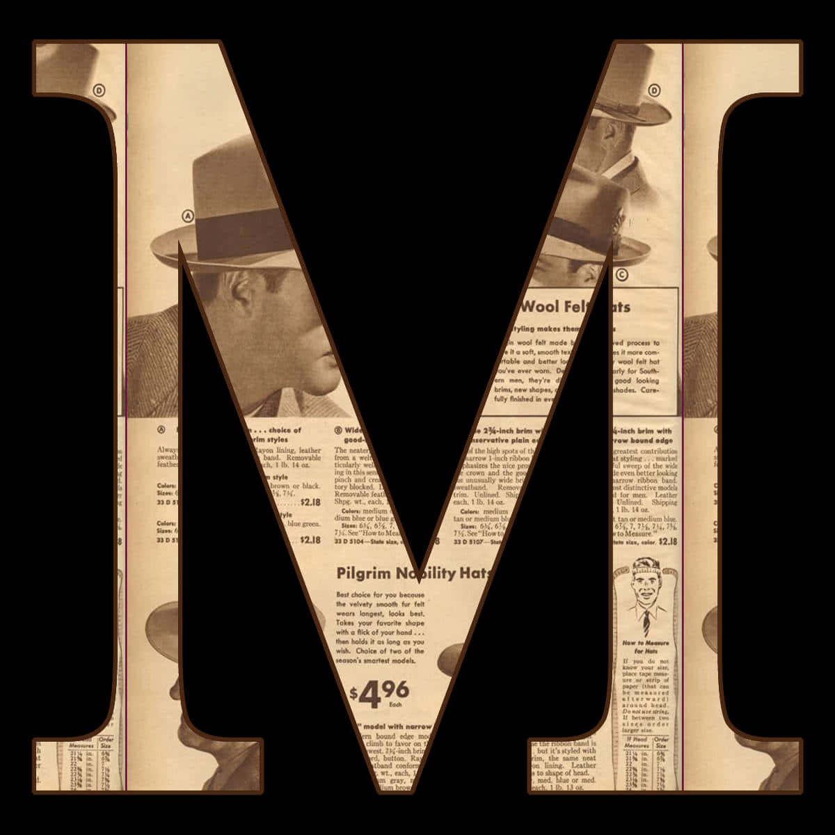letter M, sepia-toned, 1940s hat advertisement, SD Desktop Wallpaper