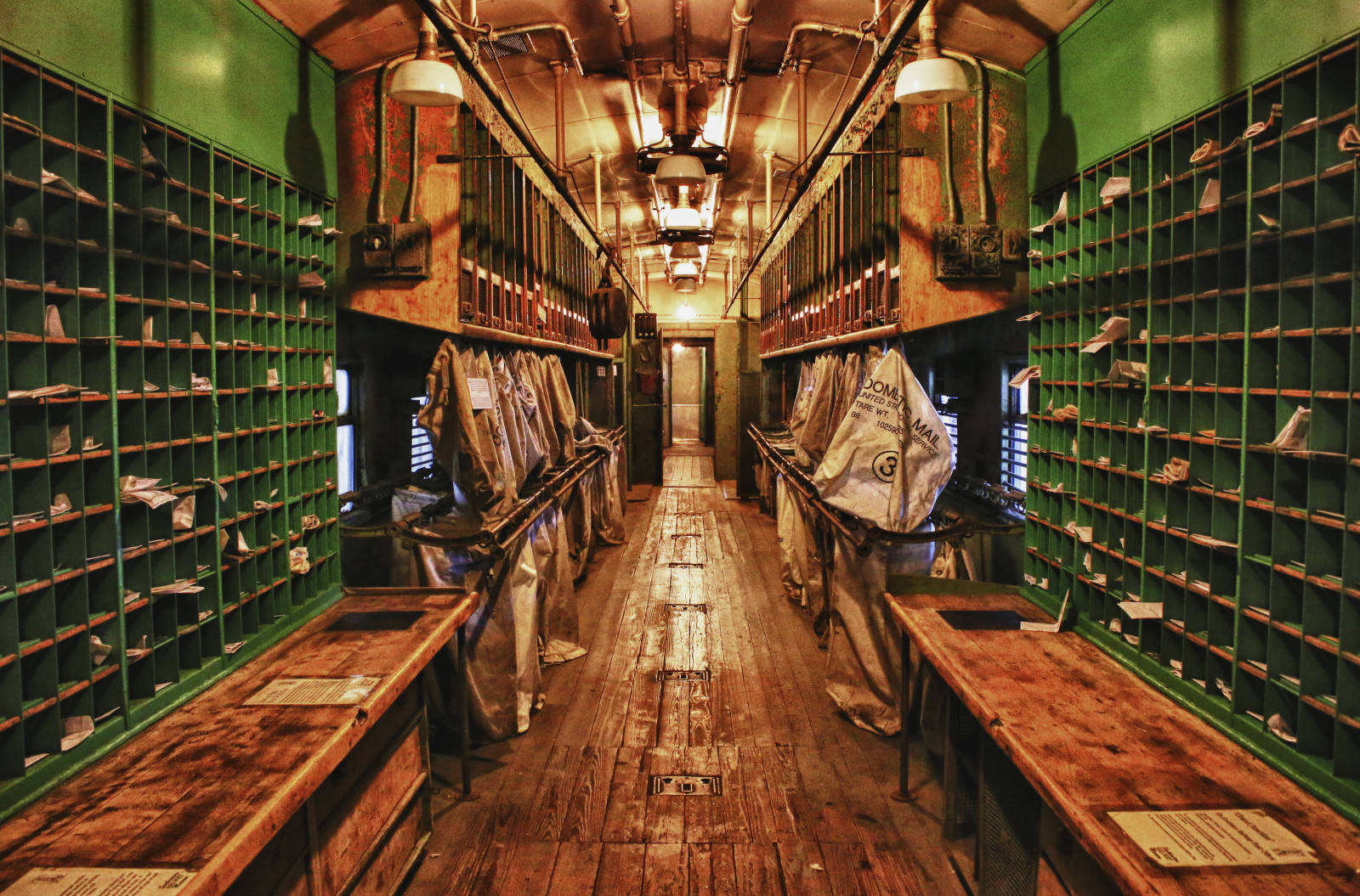 vintage post office, green metal mail trays, wooden benches, HD Desktop Wallpaper