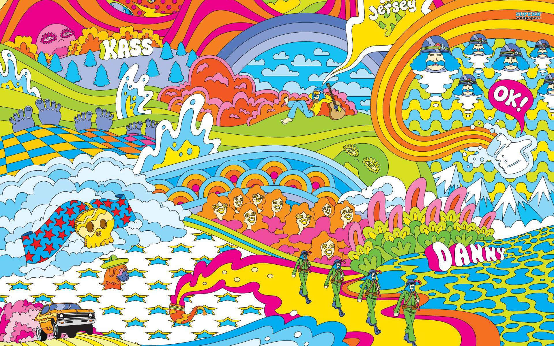 70s hippie, psychedelic cartoon landscape, rainbow hills, Full HD Desktop Wallpaper