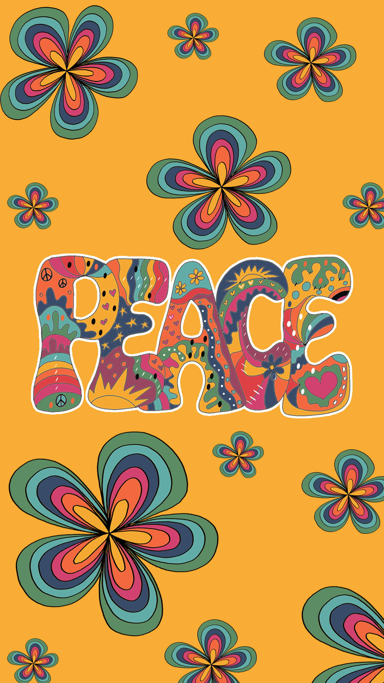 peace sign, 70s, psychedelic flowers, 2K Phone Wallpaper