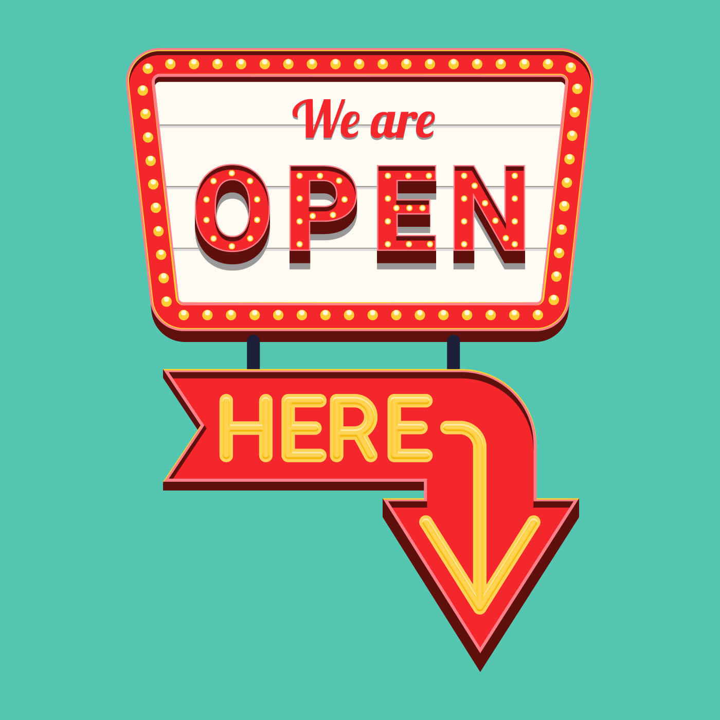 red marquee lights, We are OPEN, red arrow pointing down, HD Desktop Wallpaper