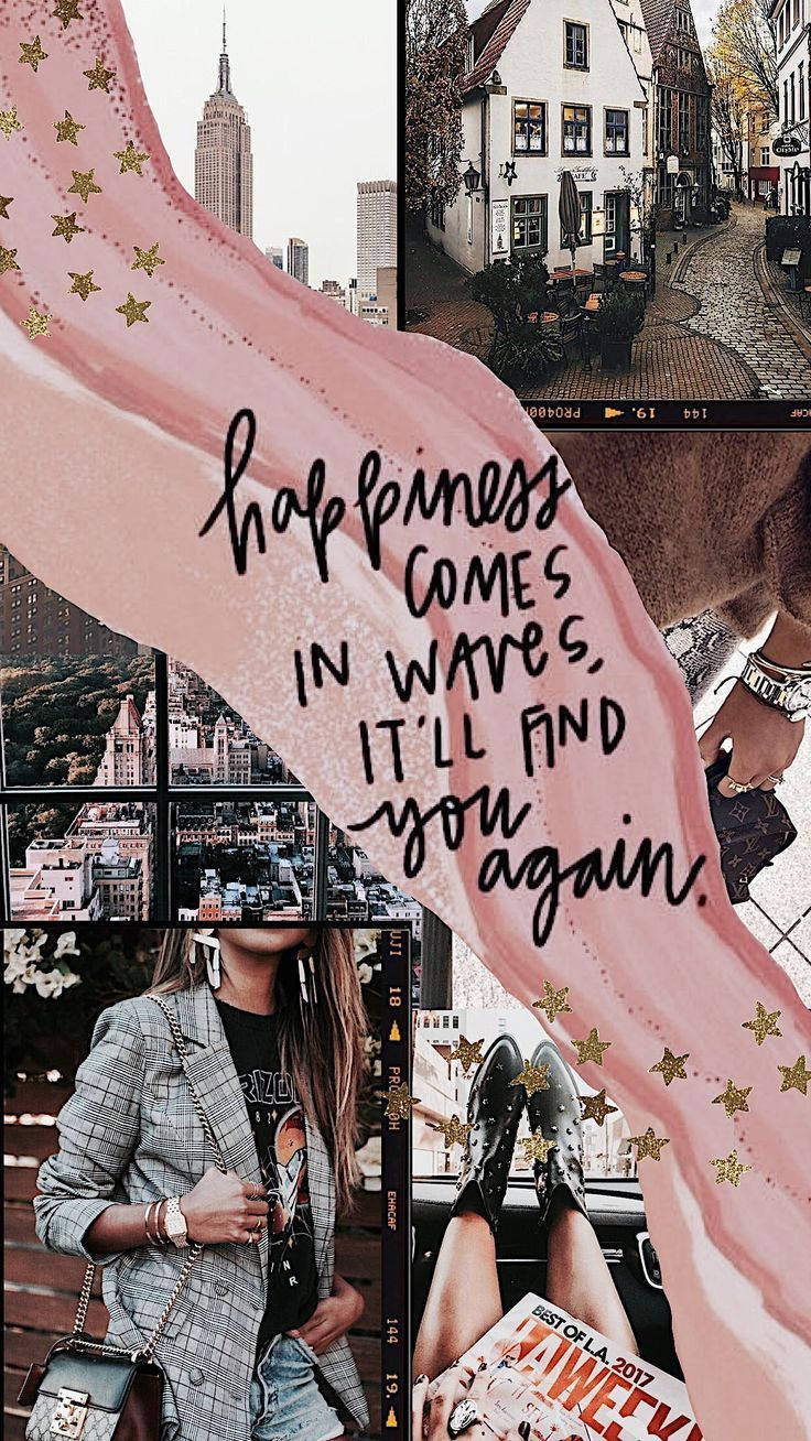 pink wave graphic, handwritten phrase happiness comes in waves it'll find you again, pastel shades, HD Phone Wallpaper