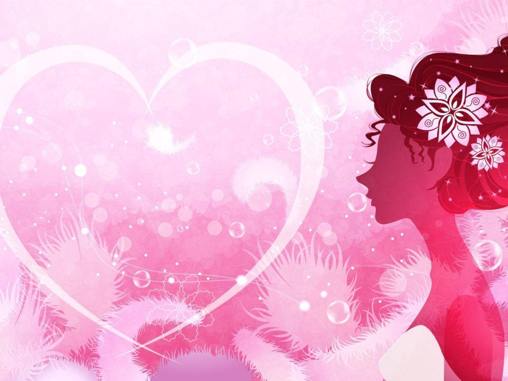 pink illustrated silhouette, floral hair ornaments, glowing heart, SD Desktop Wallpaper