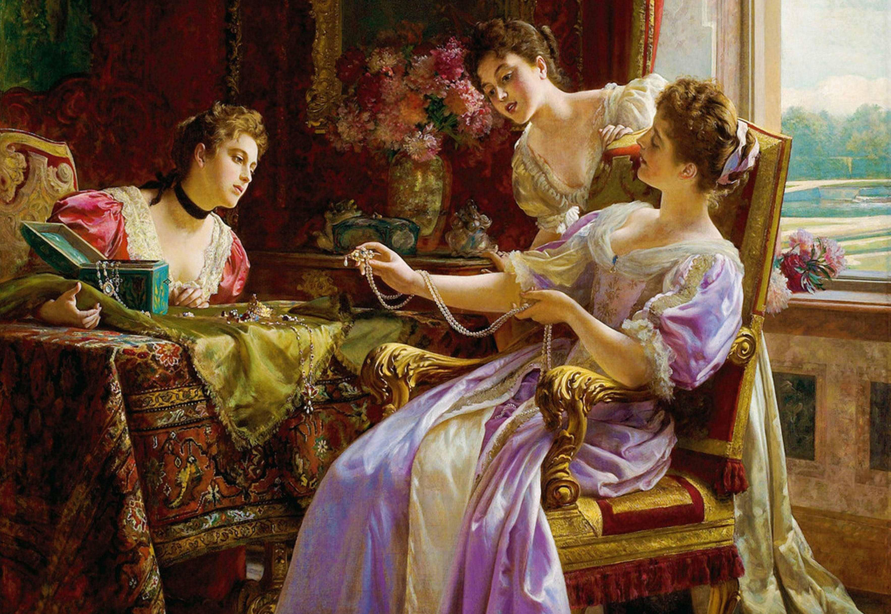 Victorian Little Treasure Chest Painting, three elegantly dressed women, richly decorated room, 2K Desktop Wallpaper