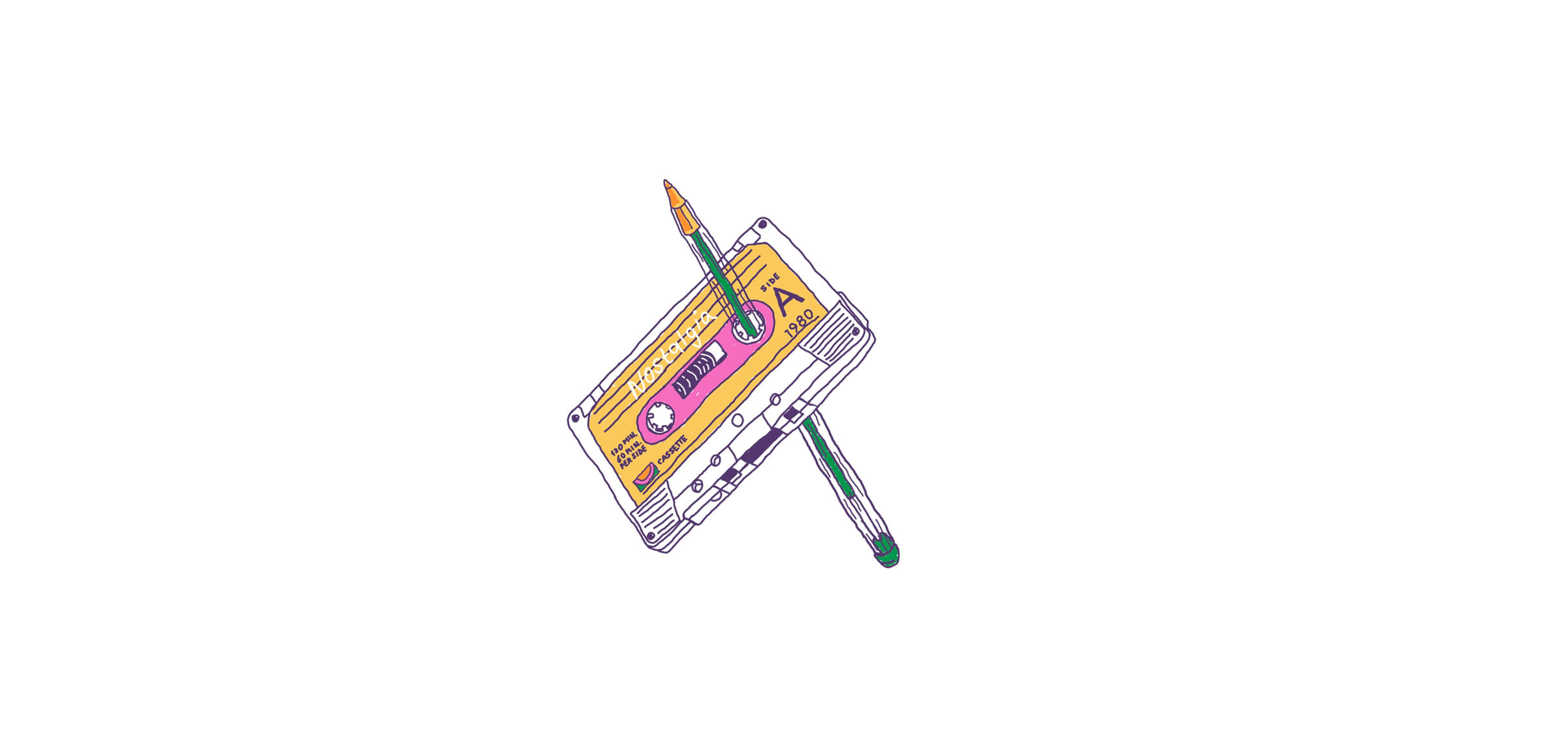 vintage cassette tape, paintbrush, plain white background, 4K Desktop Wallpaper