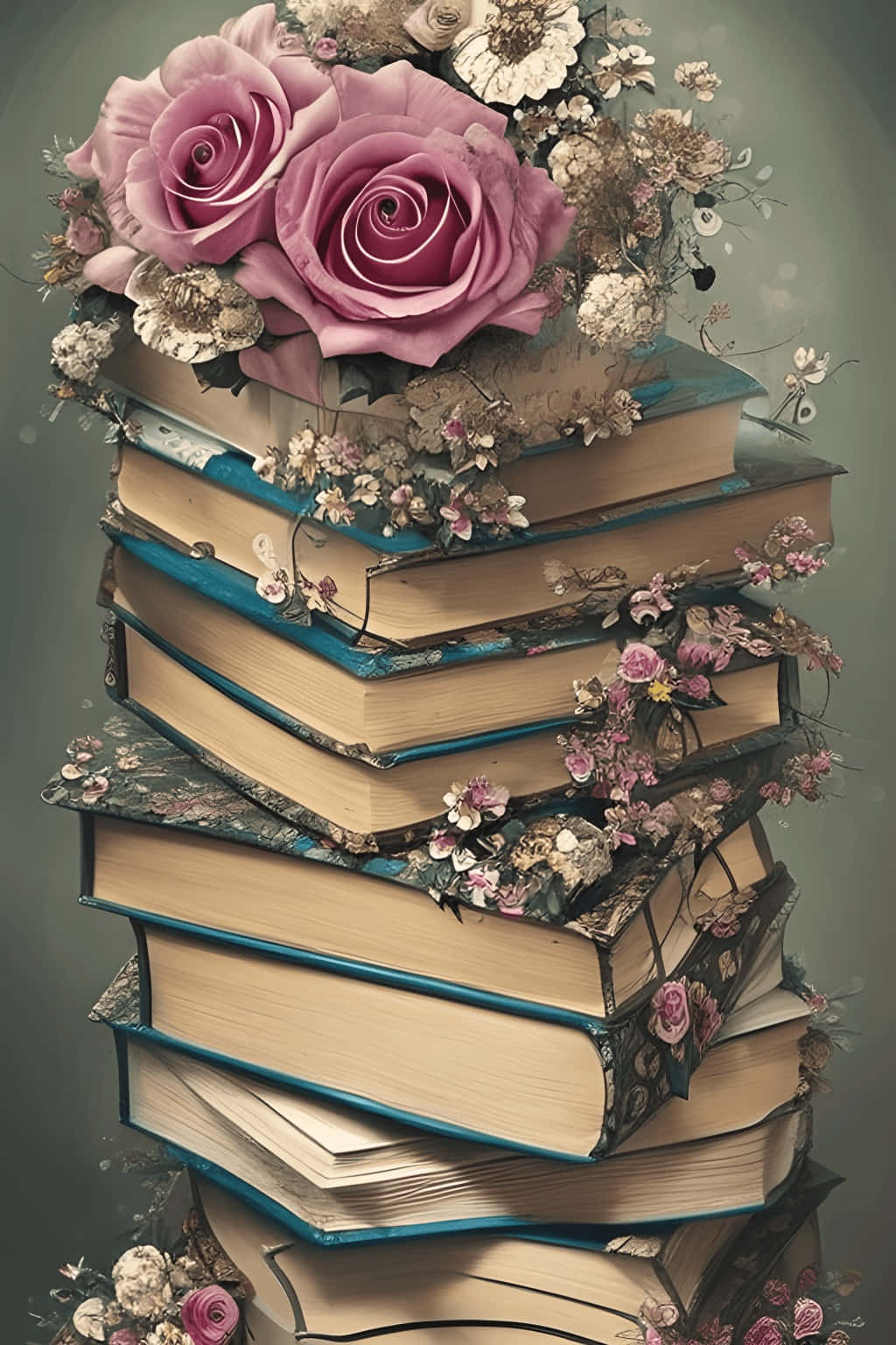 vintage books, lush pink roses, delicate wildflowers, HD Phone Wallpaper