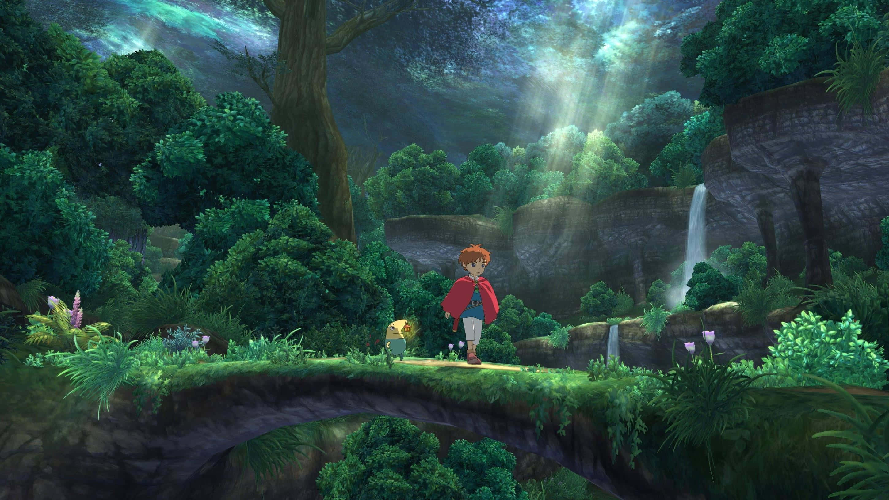 Studio Ghibli, red cloak, mossy stone bridge, 2K Desktop Wallpaper