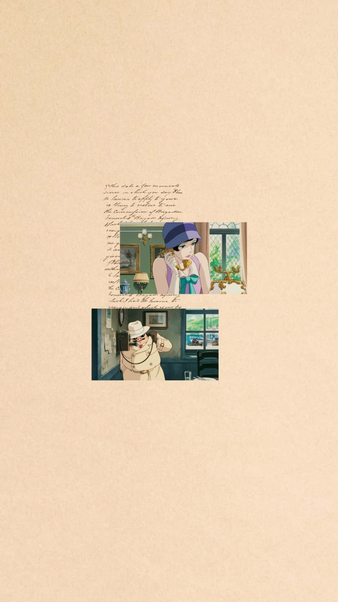 Studio Ghibli, sepia-toned frames, textured beige background, Full HD Phone Wallpaper