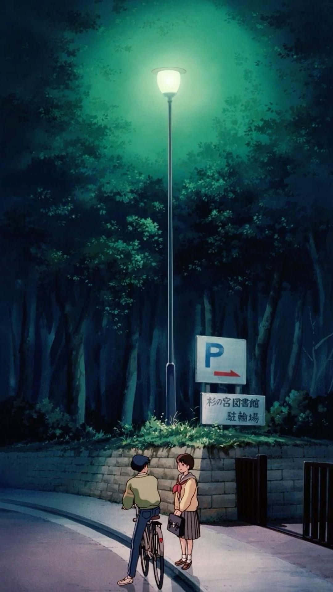 Studio Ghibli, night, glowing green streetlamp, Full HD Phone Wallpaper