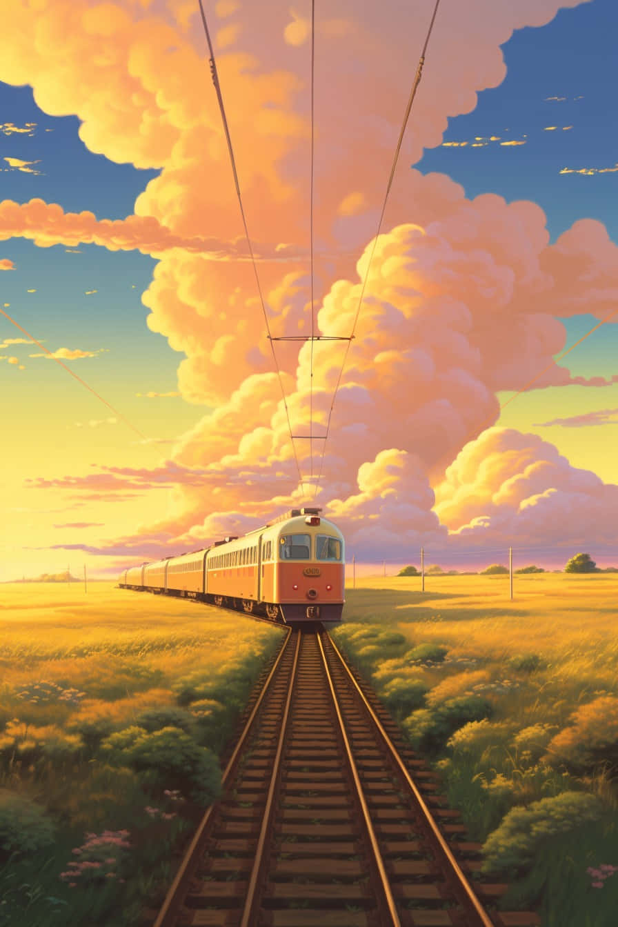 sunset train journey, golden fields, orange pink and blue clouds, HD Phone Wallpaper