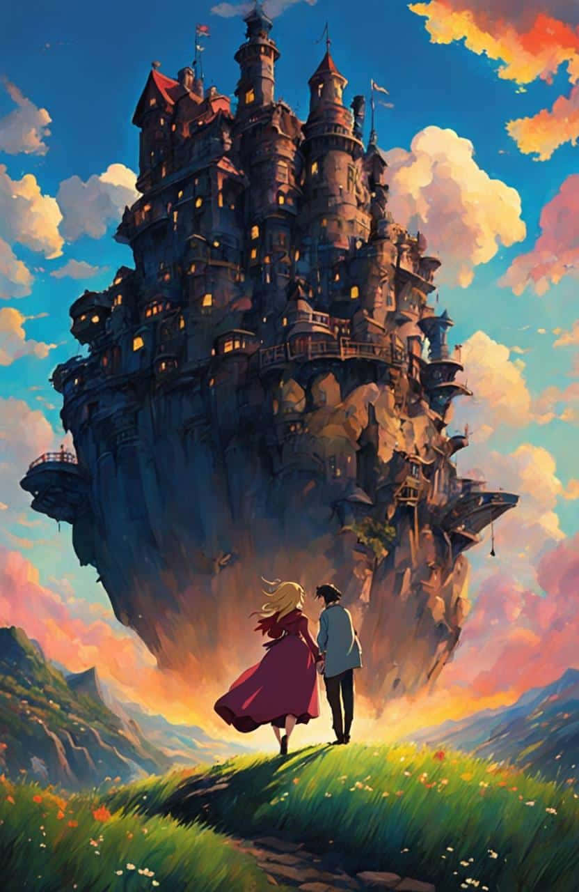 enchanted castle, sunset sky, grassy hill, HD Phone Wallpaper