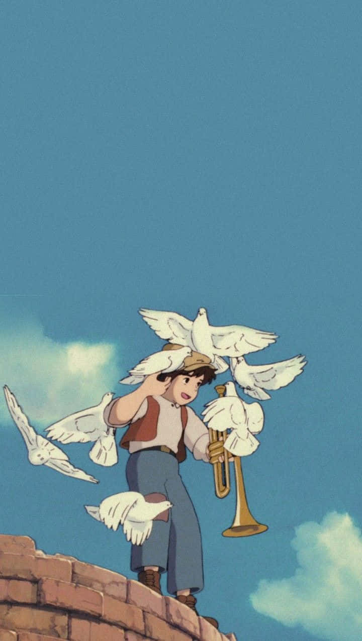Studio Ghibli, trumpet player, white doves, SD Phone Wallpaper