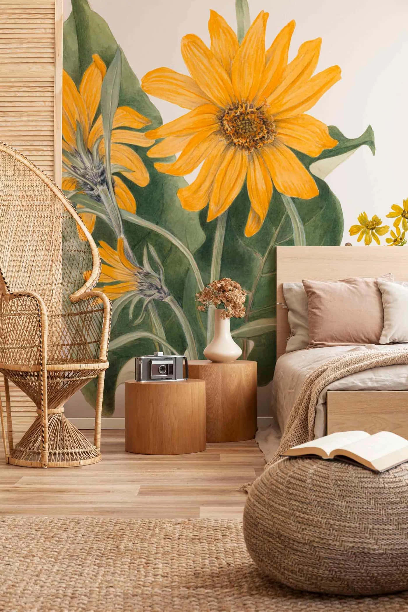 vintage sunflower mural, rattan chair, wooden bedside table, Full HD Phone Wallpaper