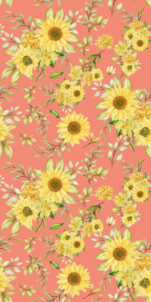 Vintage Sunflower, coral pink background, vibrant yellow sunflowers, SD Phone Wallpaper