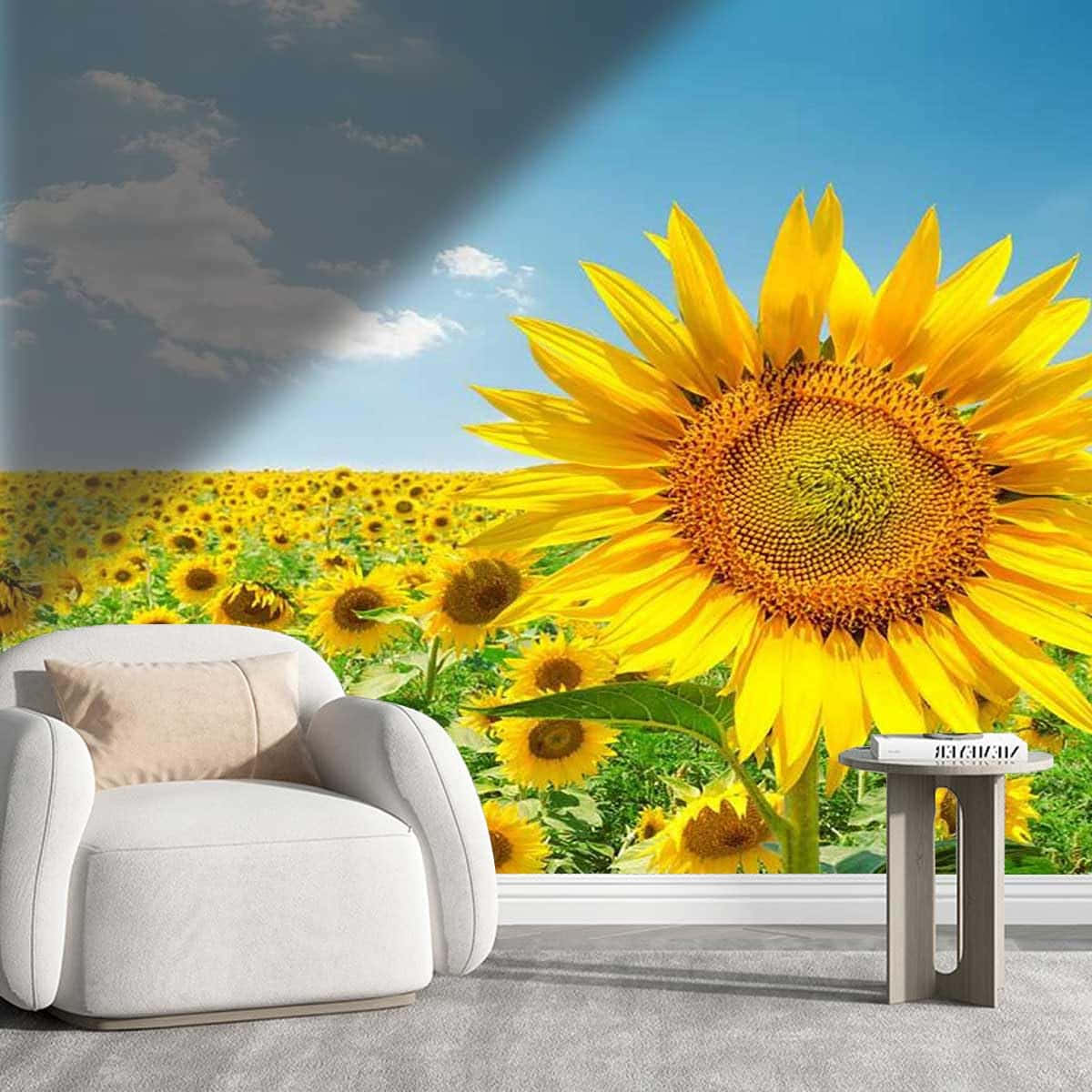 sunflower field mural, white armchair, blue sky, SD Desktop Wallpaper