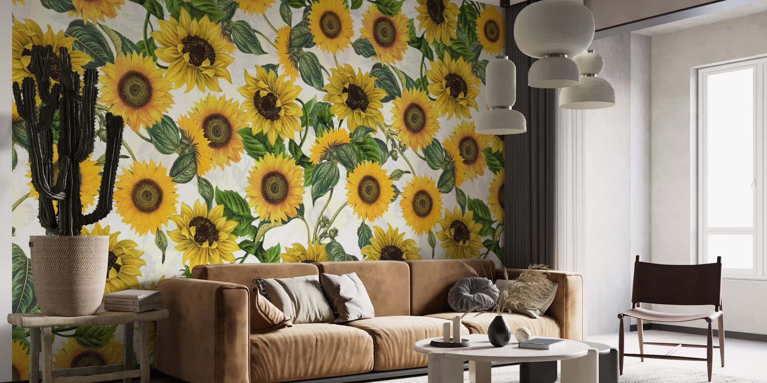 sunflower wallpaper, tan sofa, white pendant lights, 2K Desktop Wallpaper