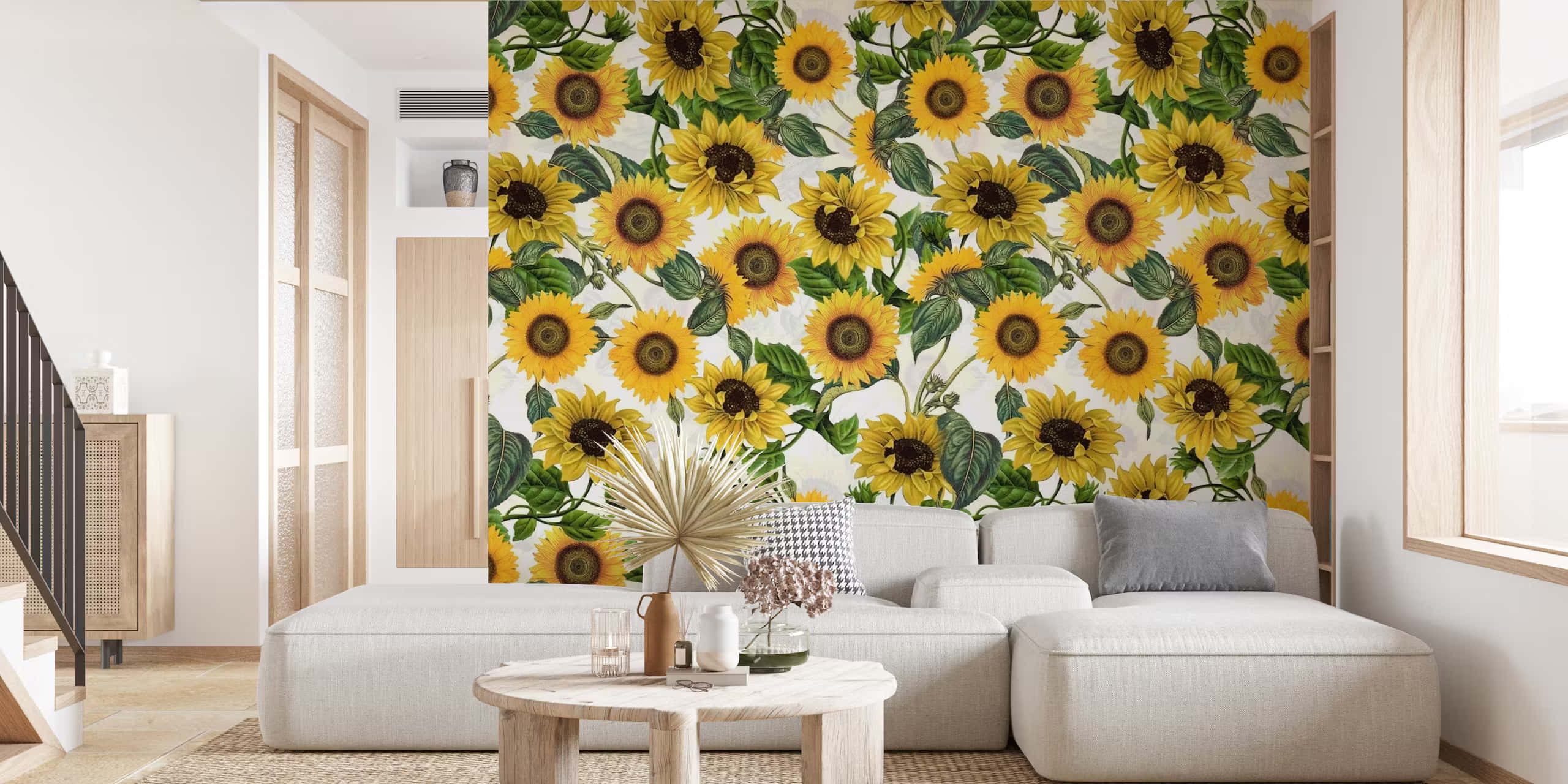 sunflower wallpaper, light gray sectional sofa, wooden coffee table, 2K Desktop Wallpaper