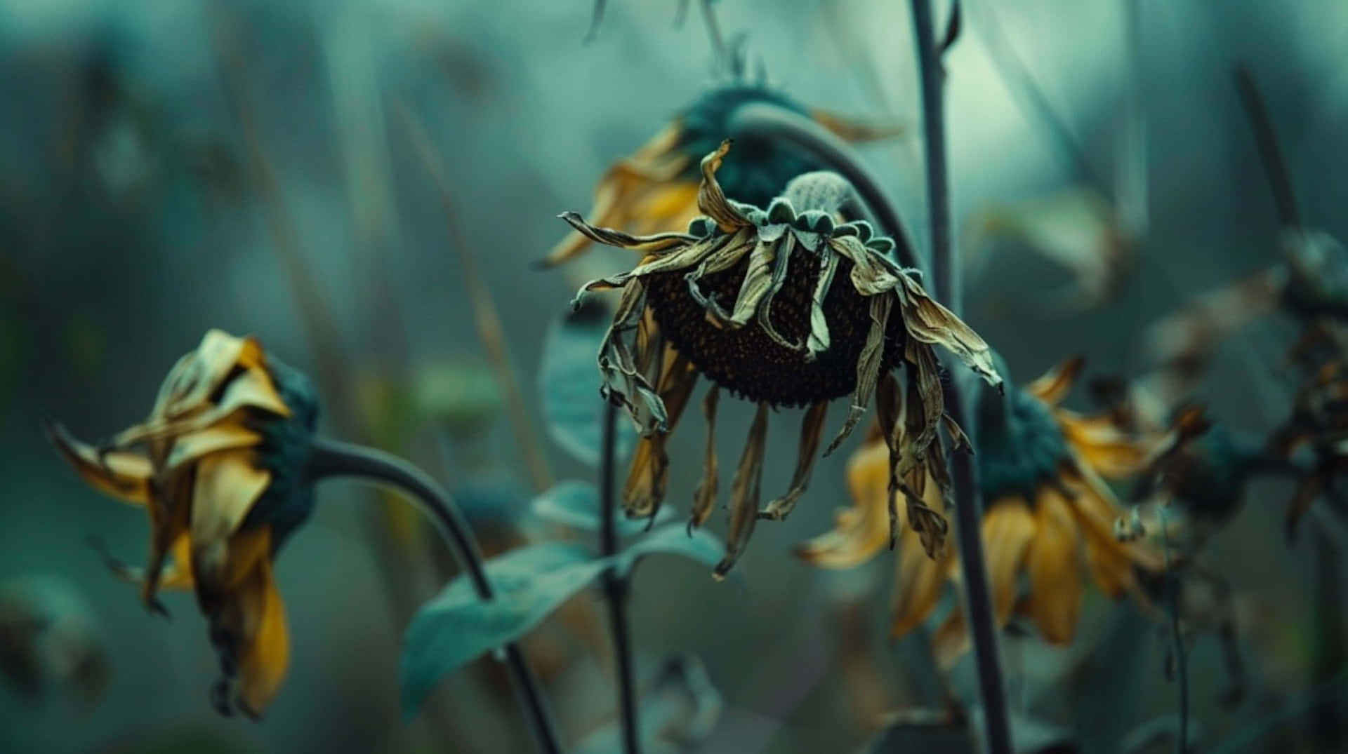 wilted sunflowers, misty field, muted teal, Full HD Desktop Wallpaper