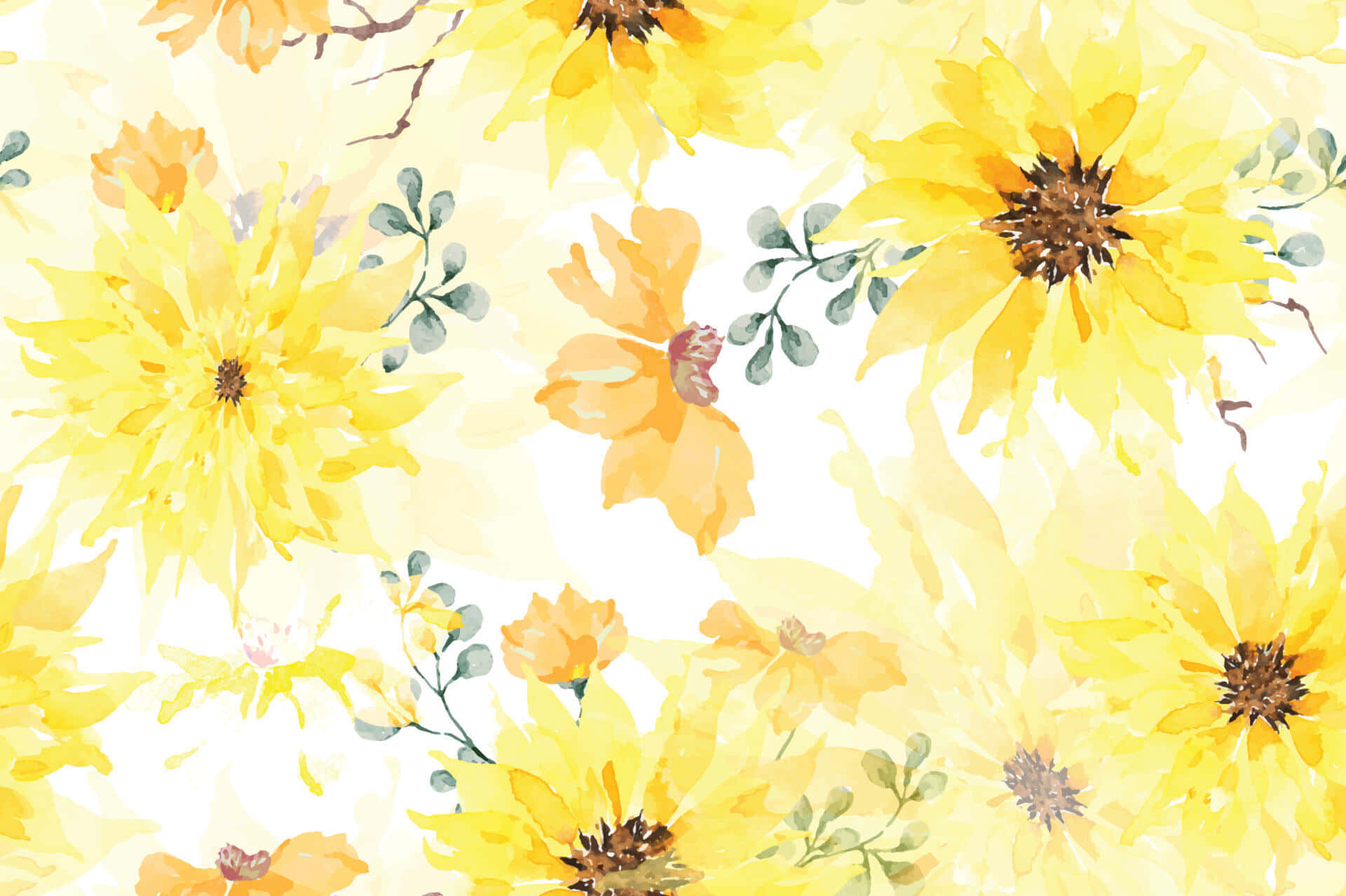 Vintage Sunflower, watercolor pattern, vibrant yellow, Full HD Desktop Wallpaper
