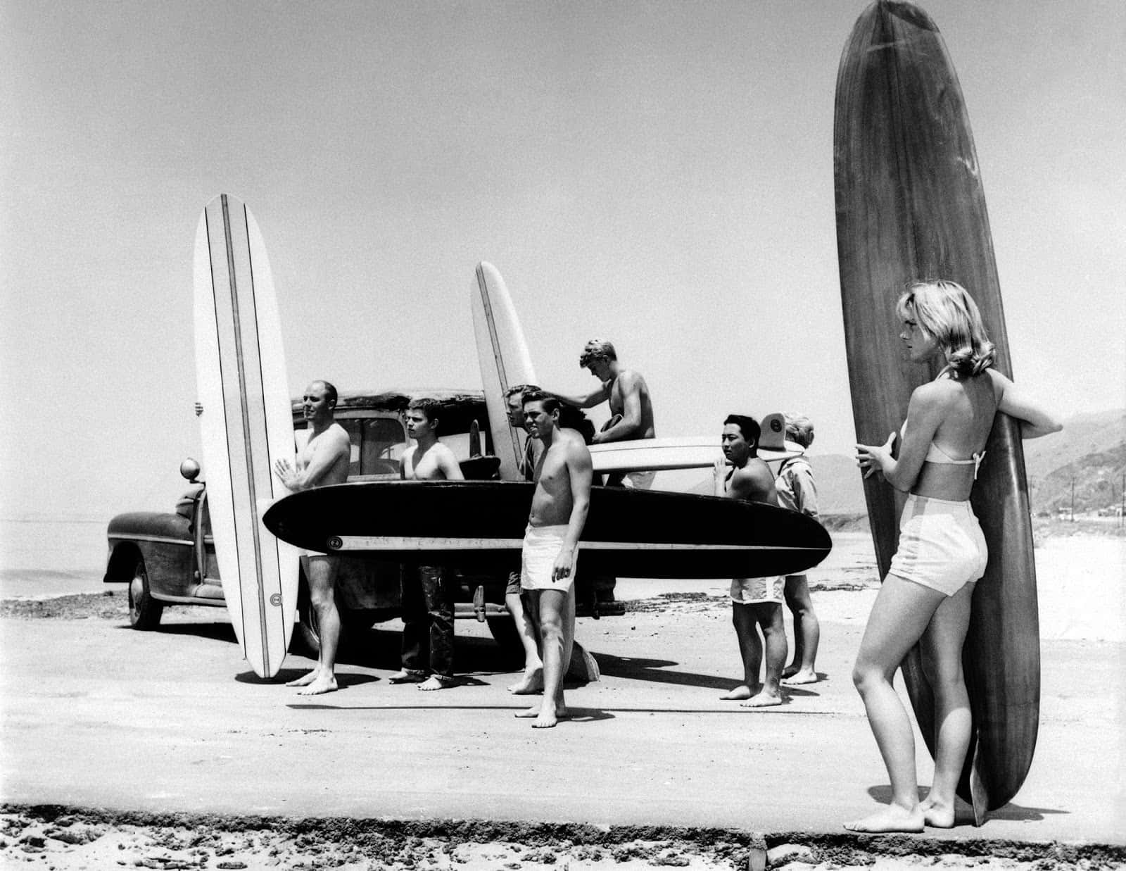 Vintage, black and white photo, surfers, HD Desktop Wallpaper