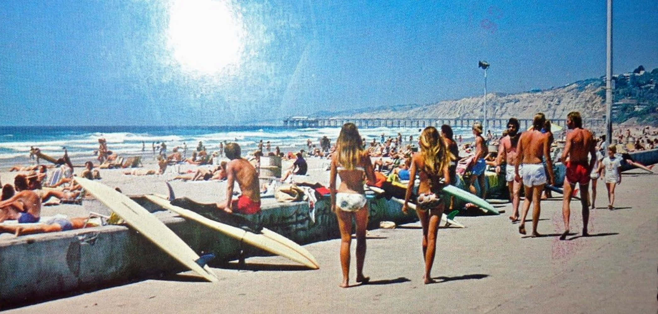 Sun-drenched beach, surfers, sunbathers, Full HD Desktop Wallpaper