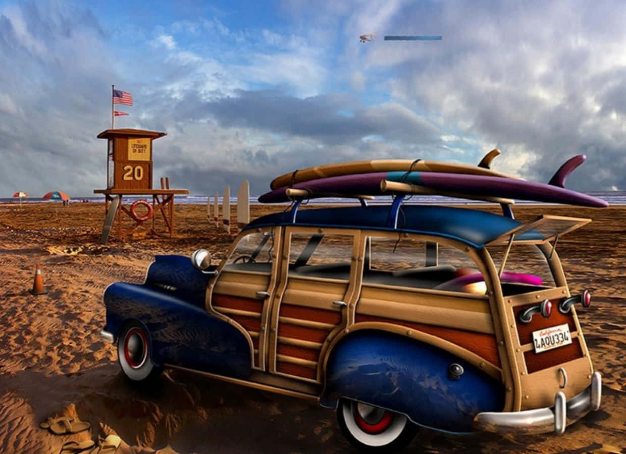 vintage blue and wood panel station wagon, surfboards on its roof, sandy beach, SD Desktop Wallpaper