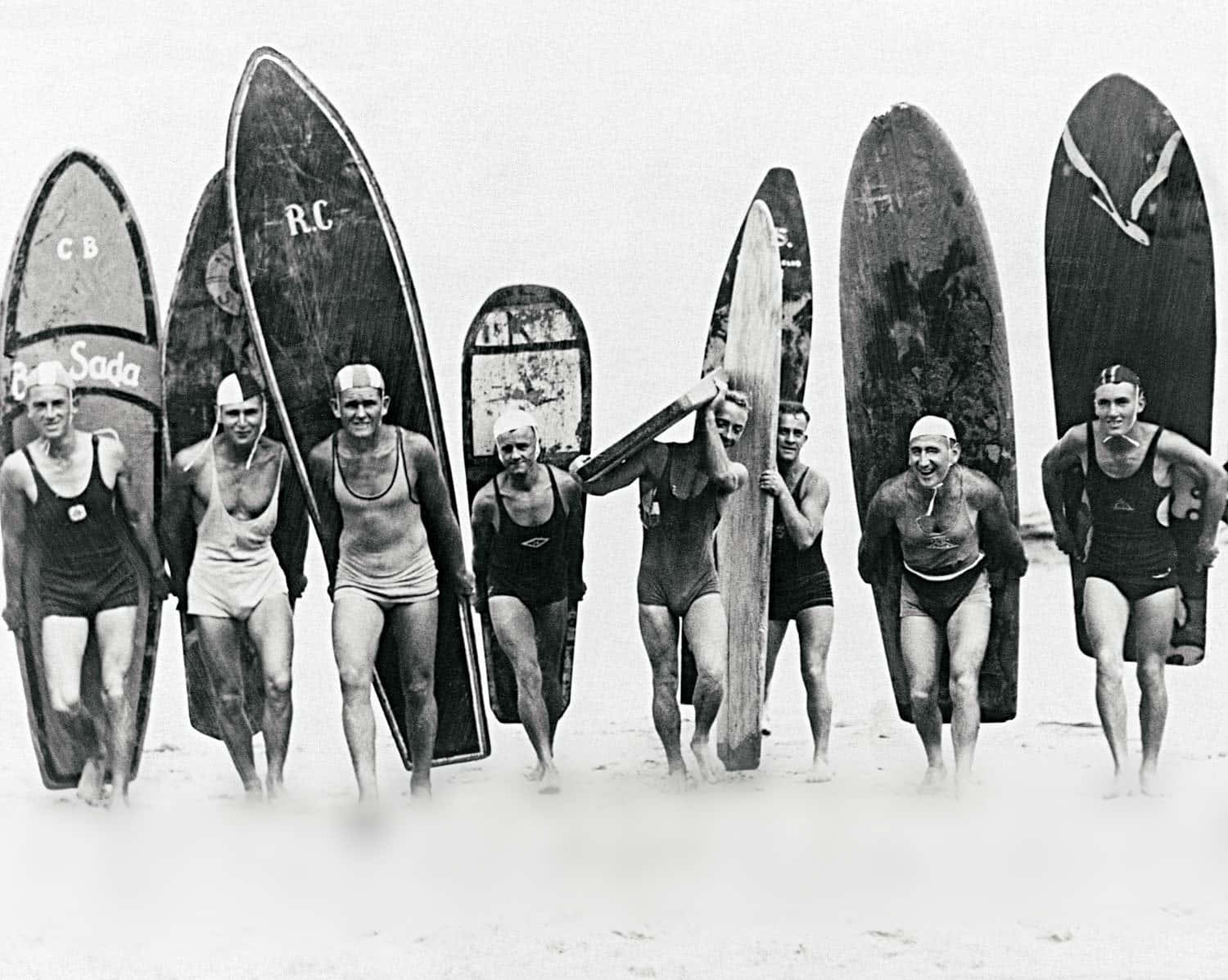 vintage surf, black and white photo, seven men, HD Desktop Wallpaper