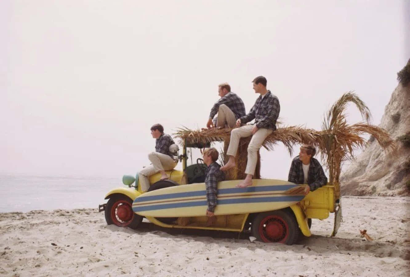 vintage surf, plaid shirts, yellow vintage car, HD Desktop Wallpaper