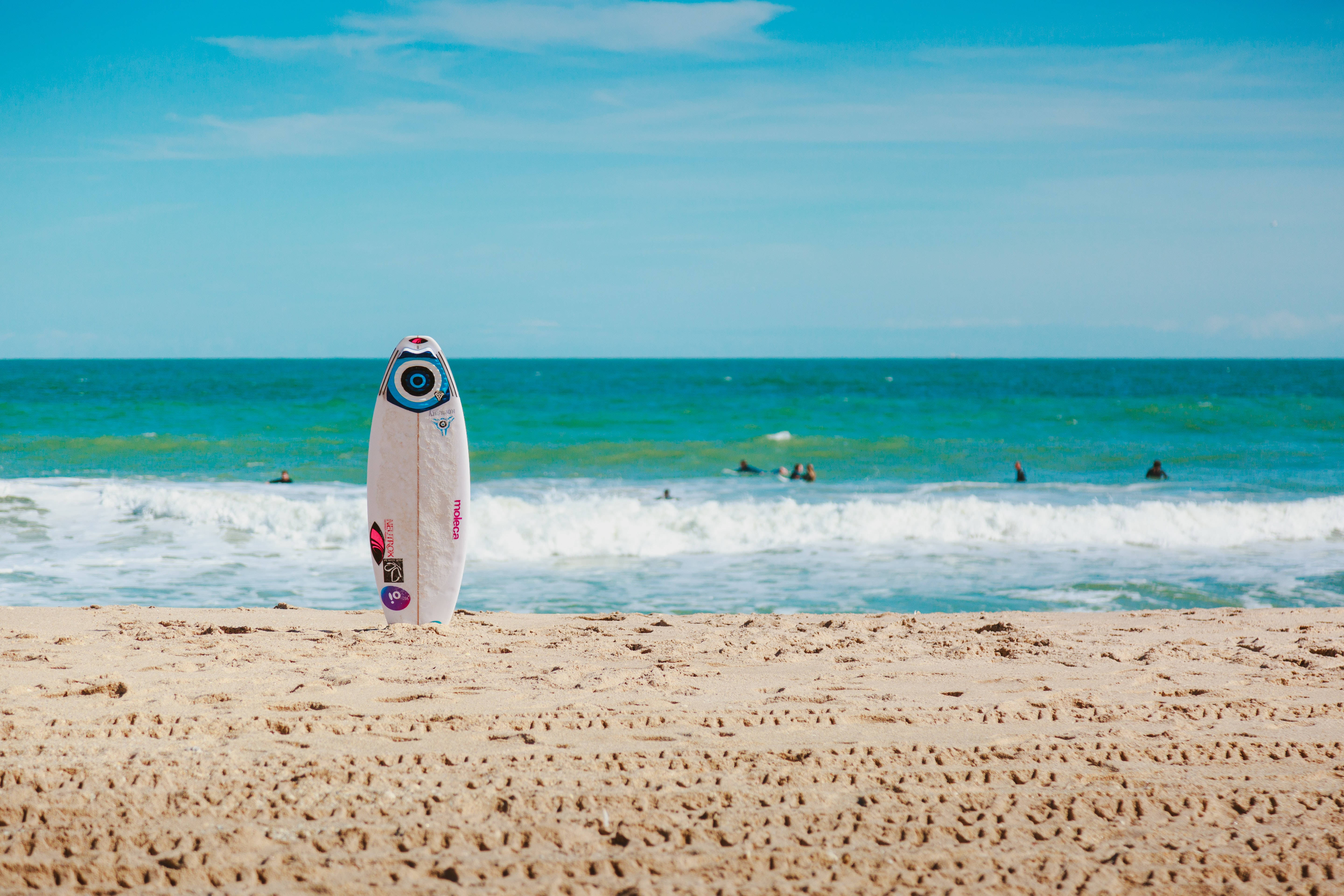 white surfboard, sandy beach, turquoise ocean waves, 5K Desktop Wallpaper
