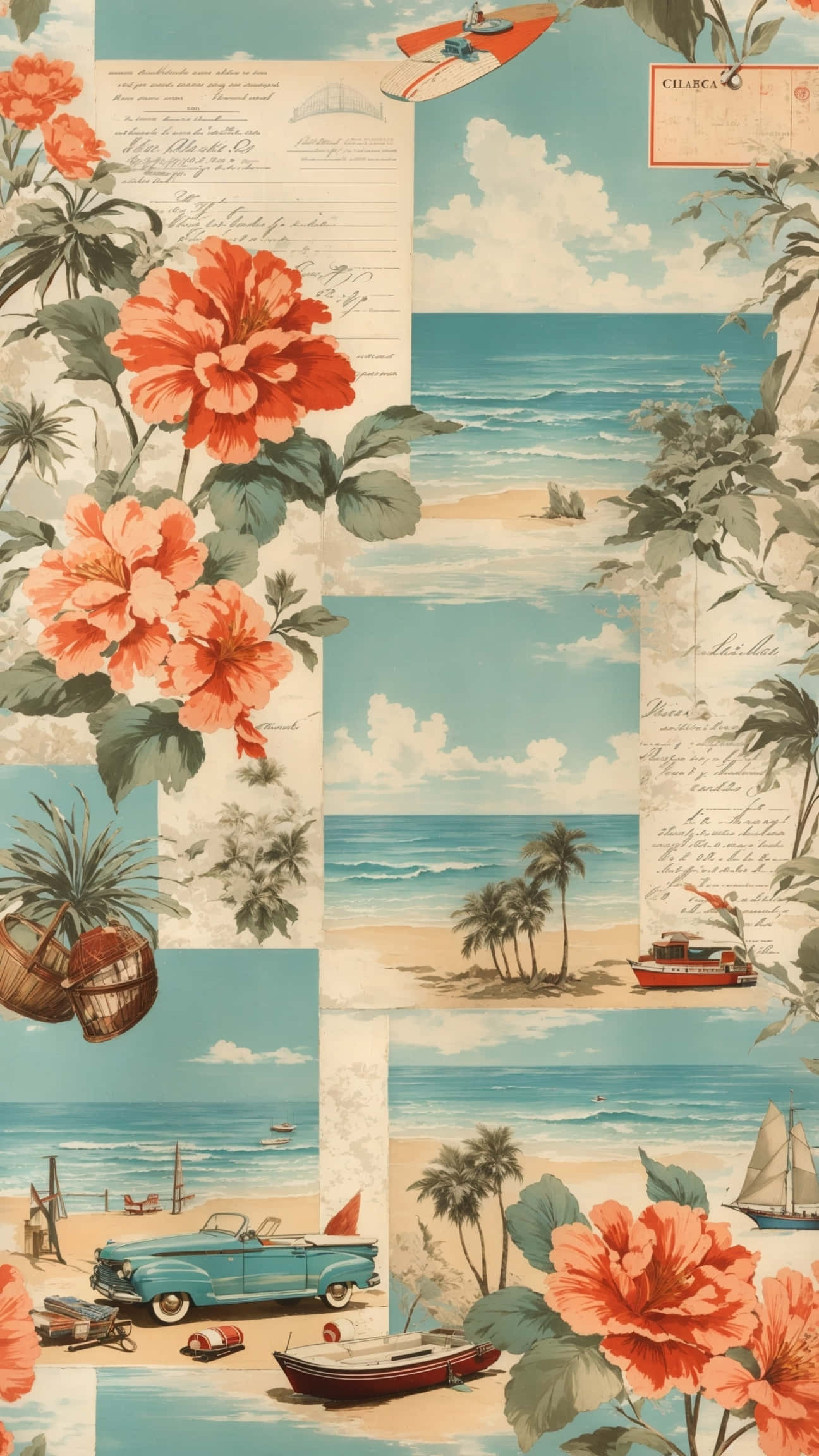 Vintage Beach Collage Aesthetic, tropical flowers, beach scenes, Full HD Phone Wallpaper