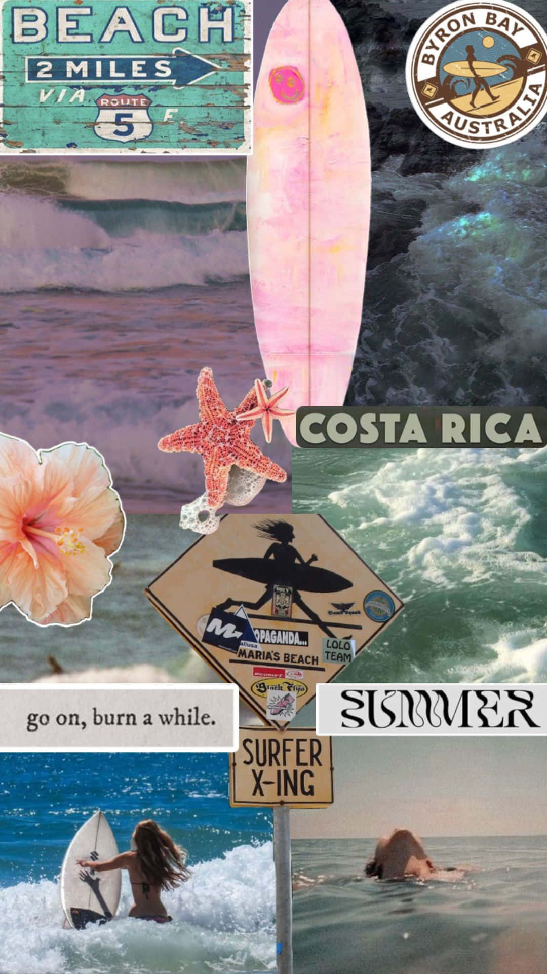 pink surfboard, starfish, hibiscus, Full HD Phone Wallpaper