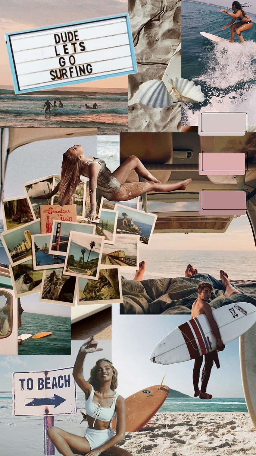 beach surf collage aesthetic, surfers waves, van, HD Phone Wallpaper
