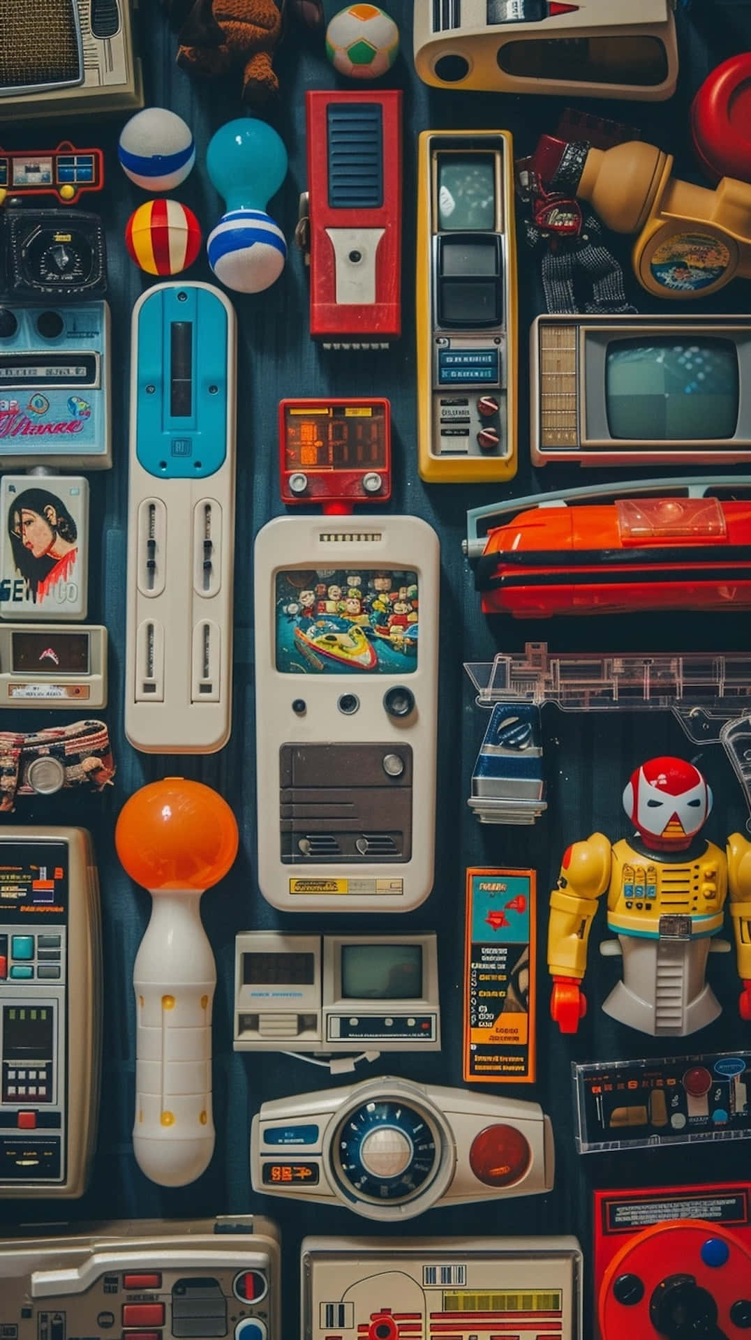 vintage toy collection assortment, retro toys, game consoles, Full HD Phone Wallpaper
