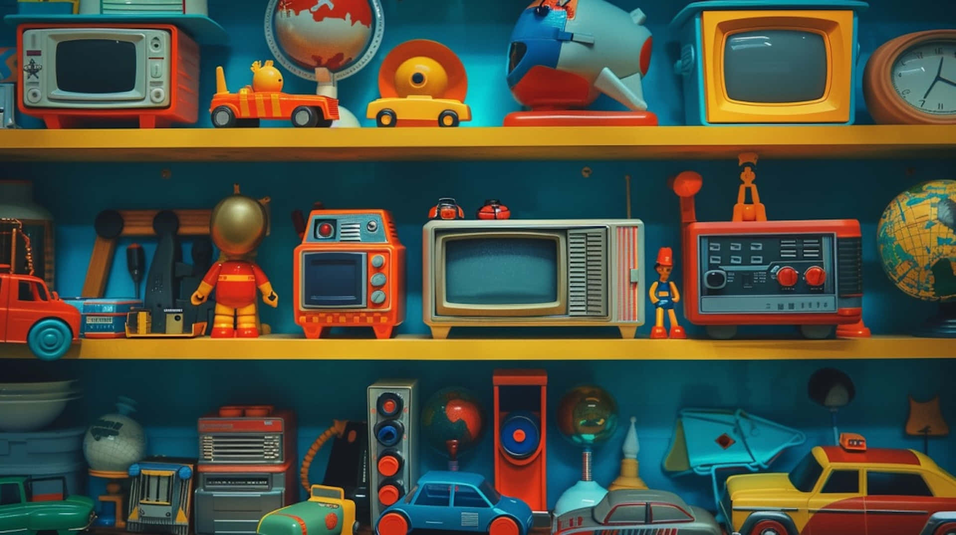 vintage toy collection, wooden shelves, cool blue lighting, Full HD Desktop Wallpaper