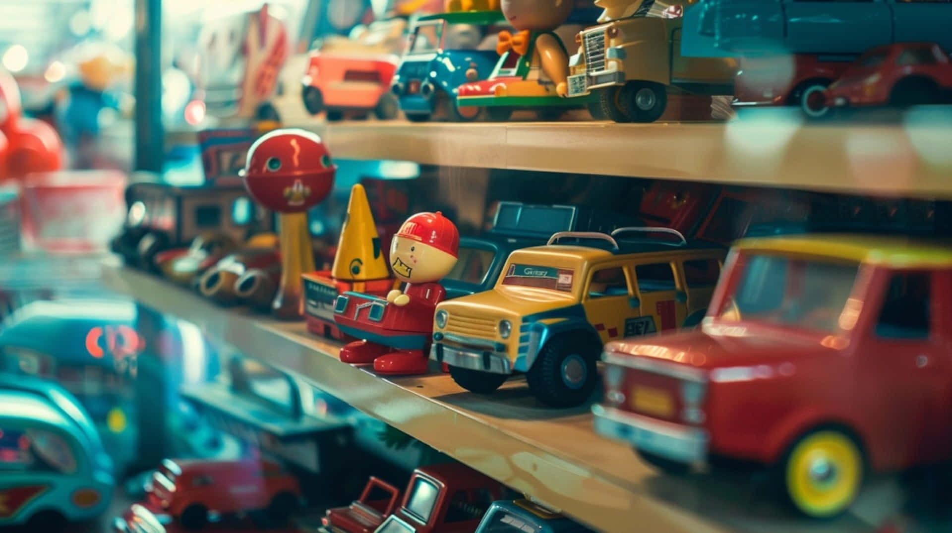 vintage toy collection shelf, vintage toy cars, figurines, Full HD Desktop Wallpaper
