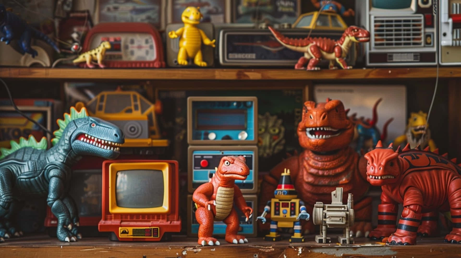 Vintage Toy Collection, dinosaurs, robots, Full HD Desktop Wallpaper