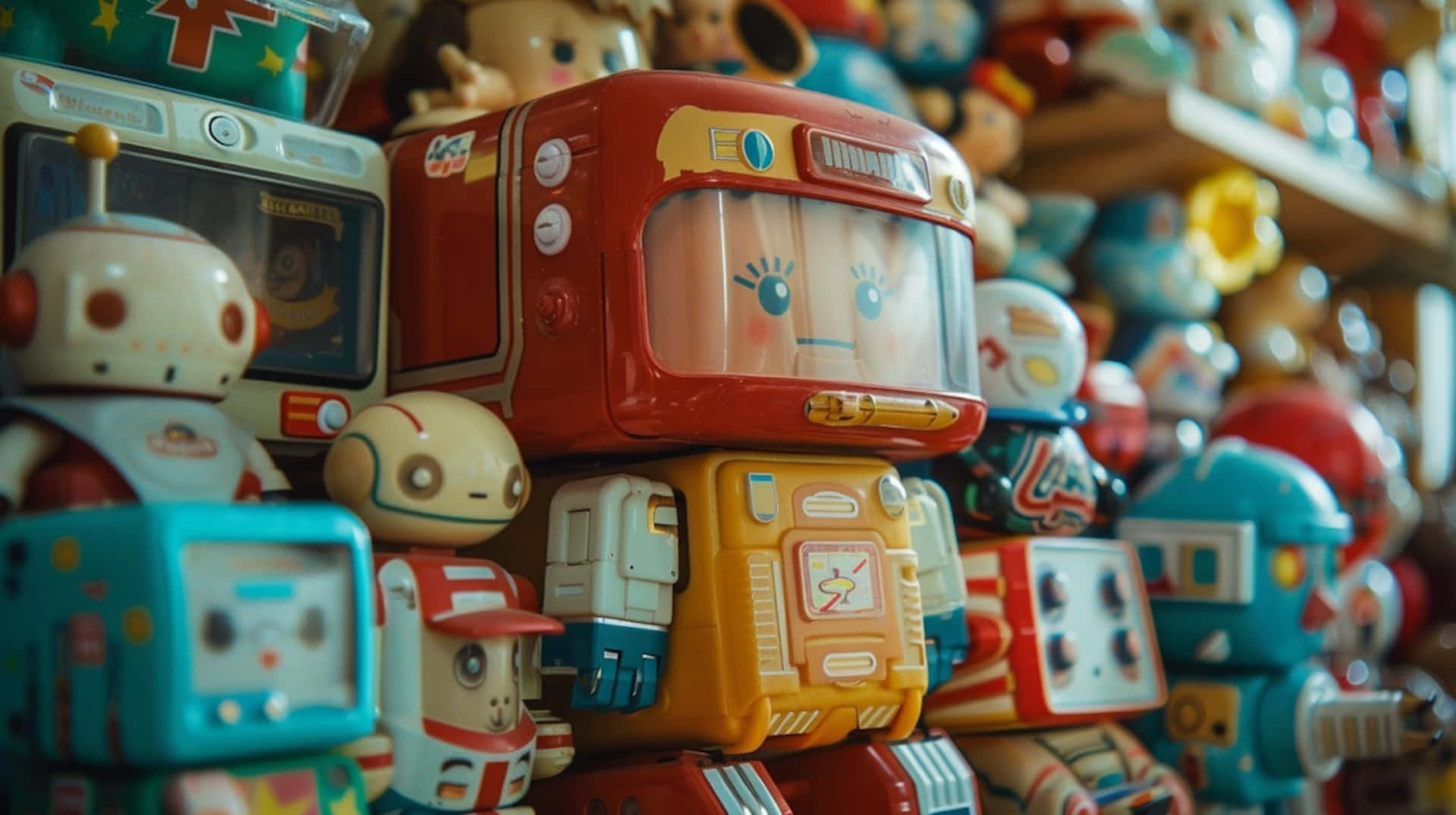 vintage robot toys, retro-style toy robots, expressive faces, Full HD Desktop Wallpaper