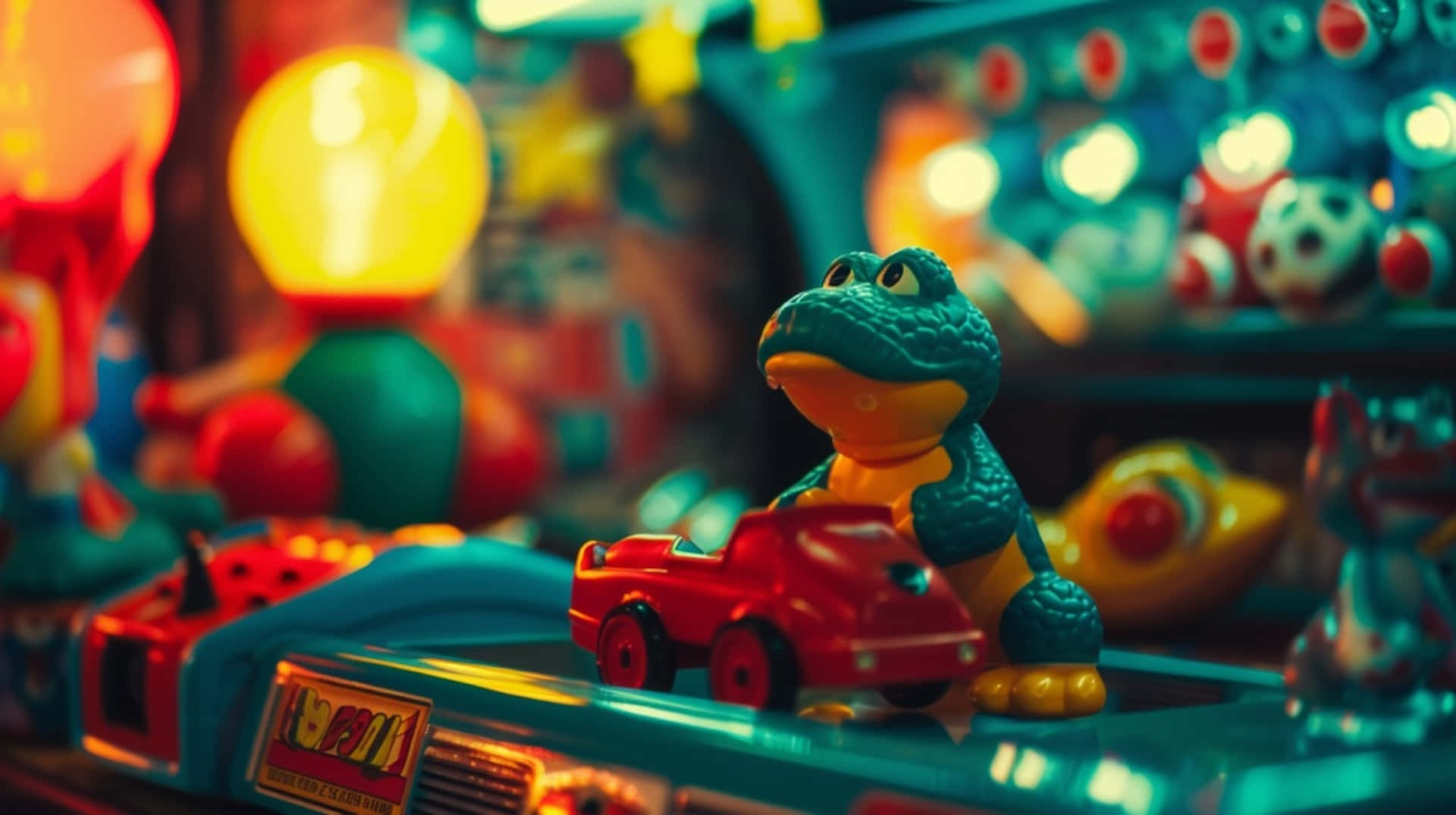 teal frog toy, red car, glowing arcade machine, Full HD Desktop Wallpaper