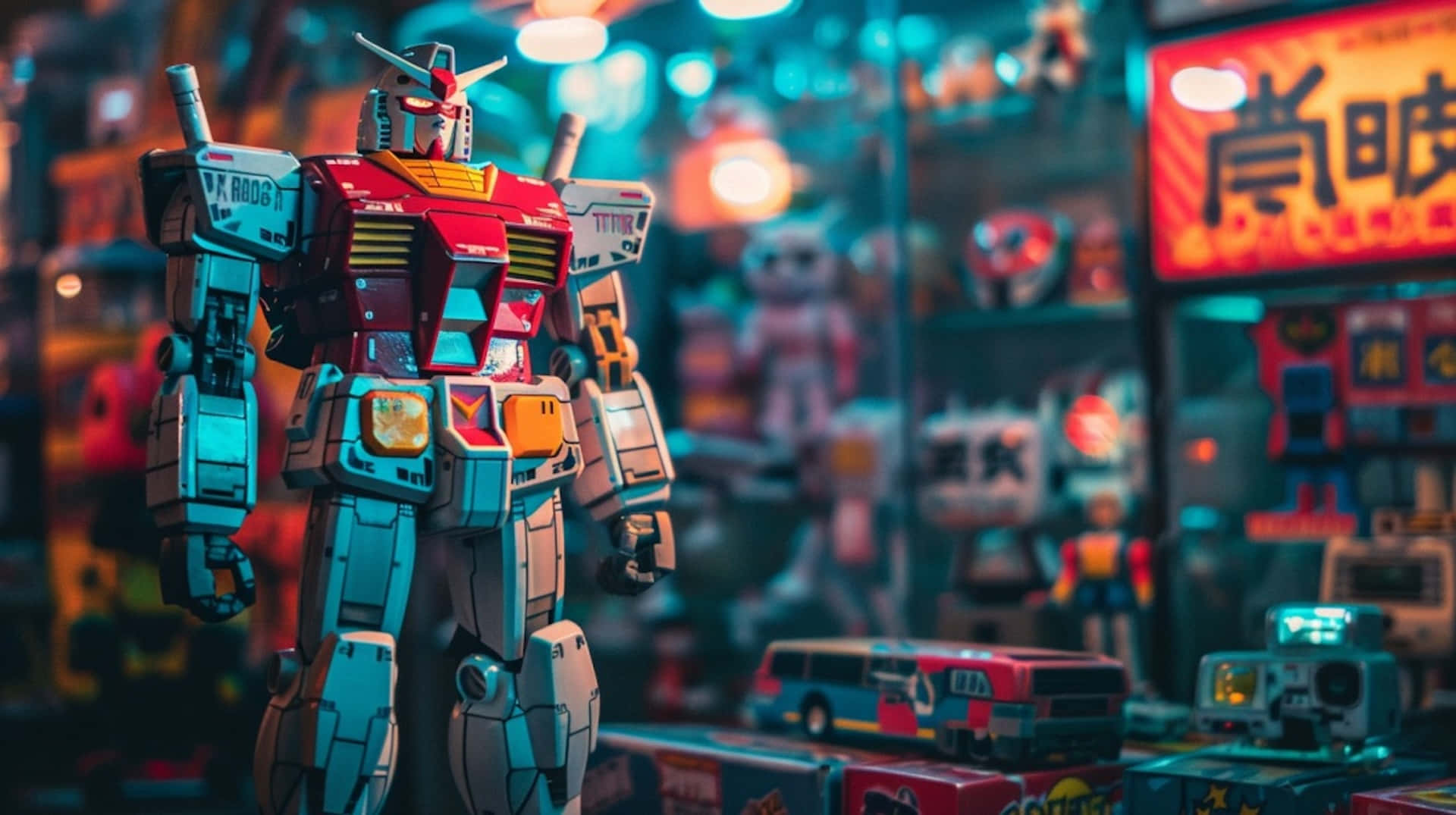 vintage robot toy, red and blue robot toy, neon-lit arcade, Full HD Desktop Wallpaper