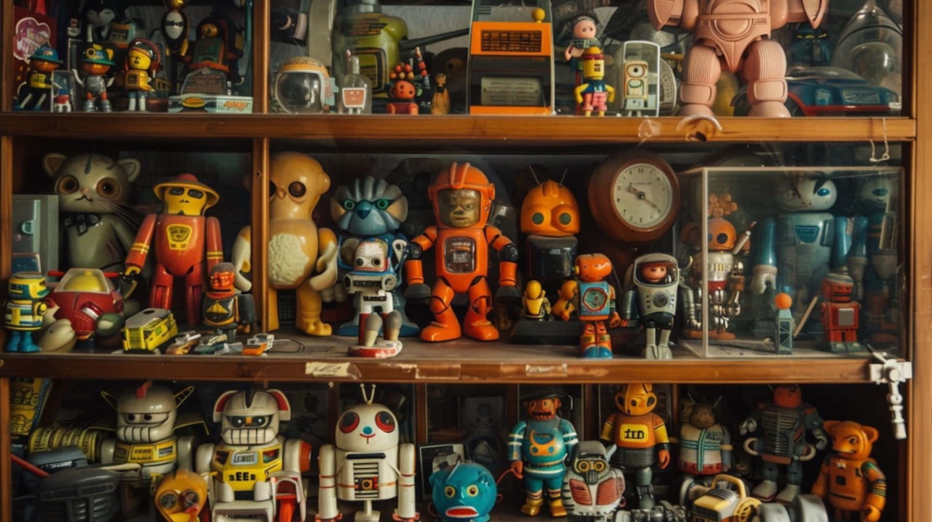 vintage robot toy collection, wooden shelf, colorful collection, Full HD Desktop Wallpaper