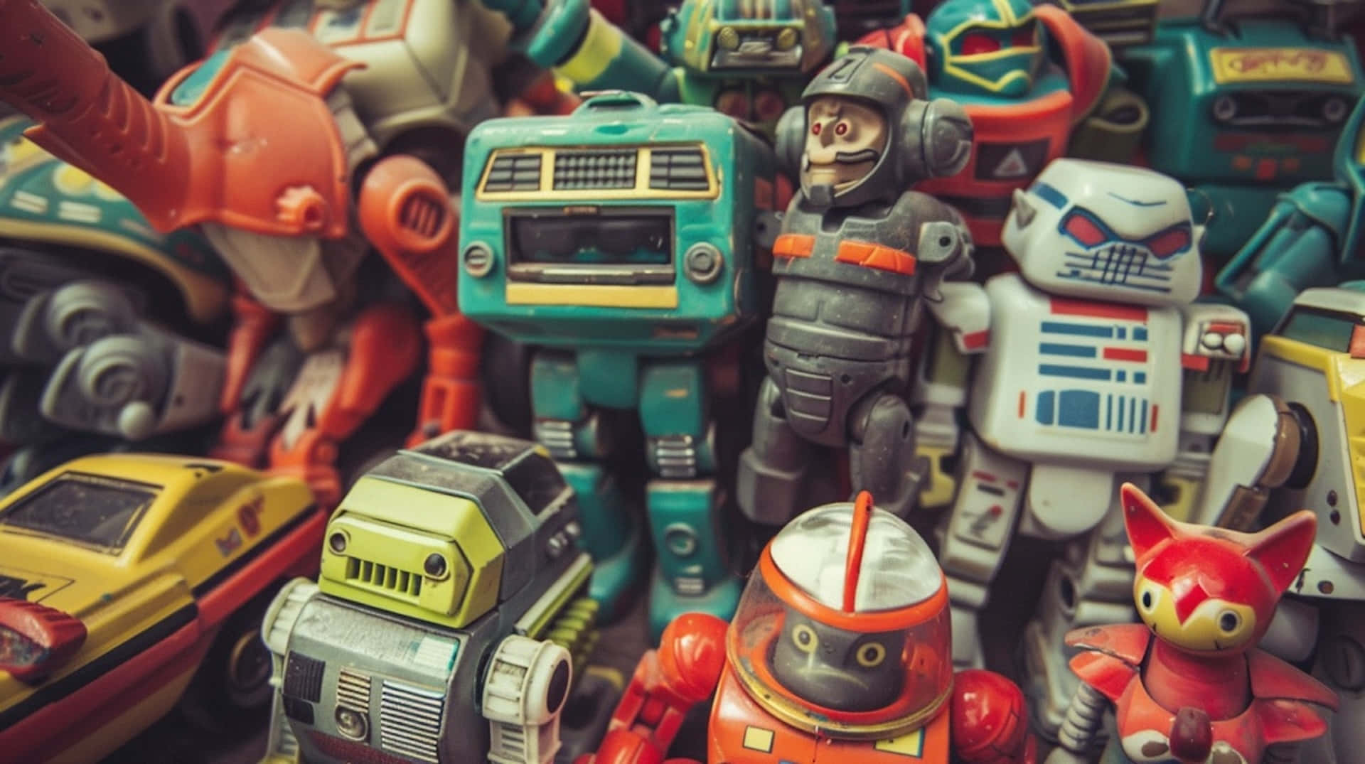vintage robot toys, retro robots, toy vehicles, Full HD Desktop Wallpaper