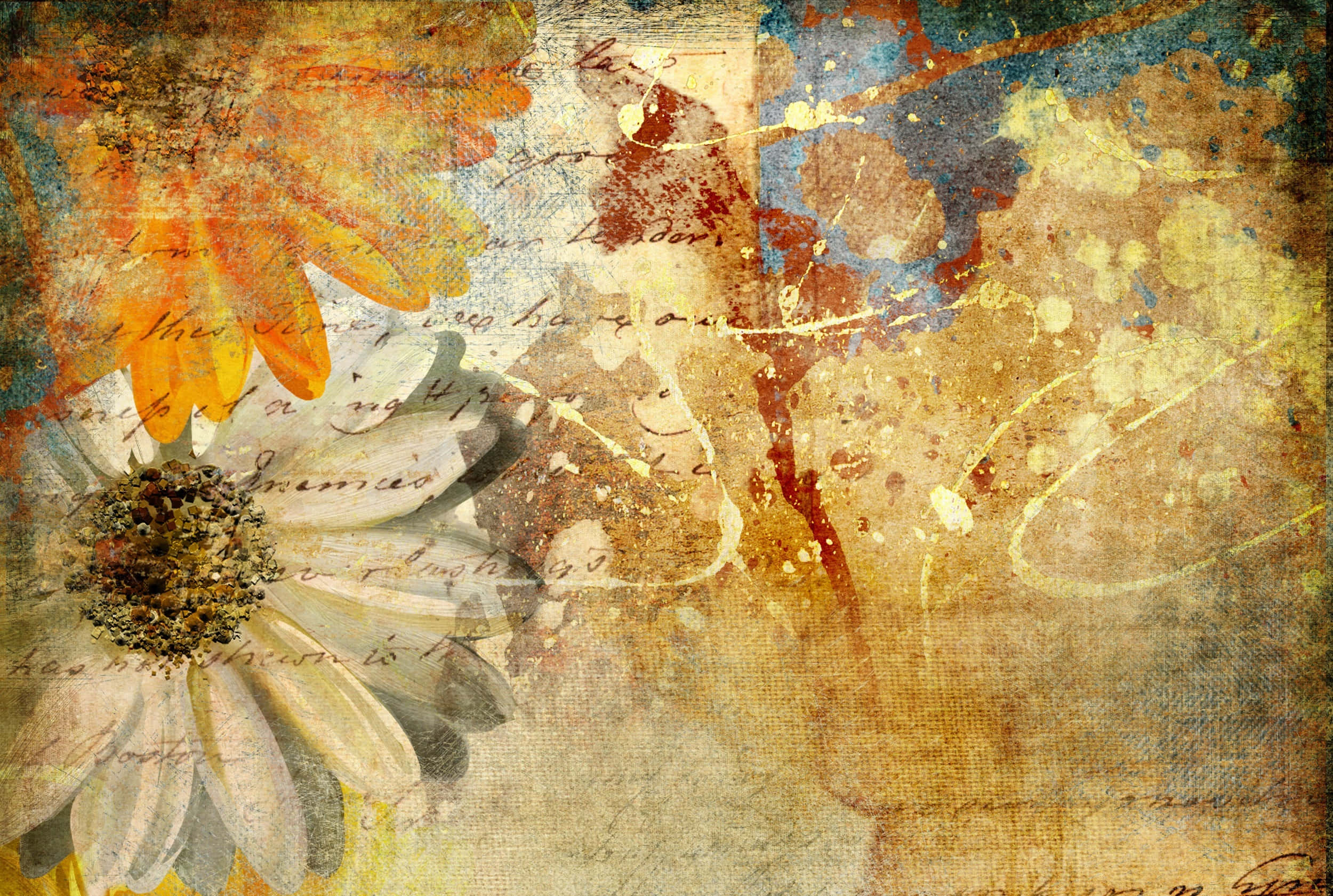 vintage textured artwork, white daisy, orange flower, Full HD Desktop Wallpaper