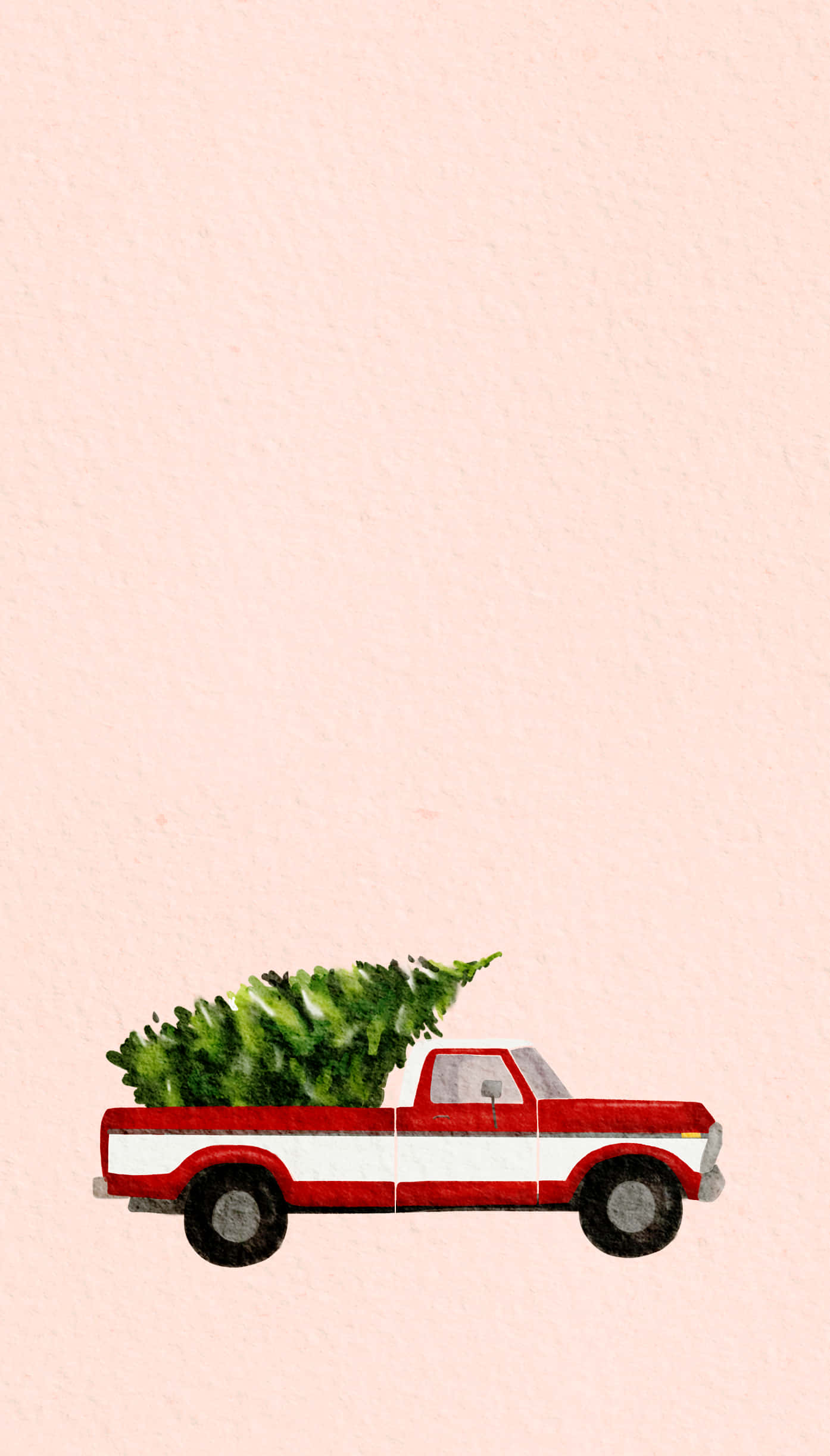 vintage pickup truck, red and white, lush green Christmas tree, Full HD Phone Wallpaper